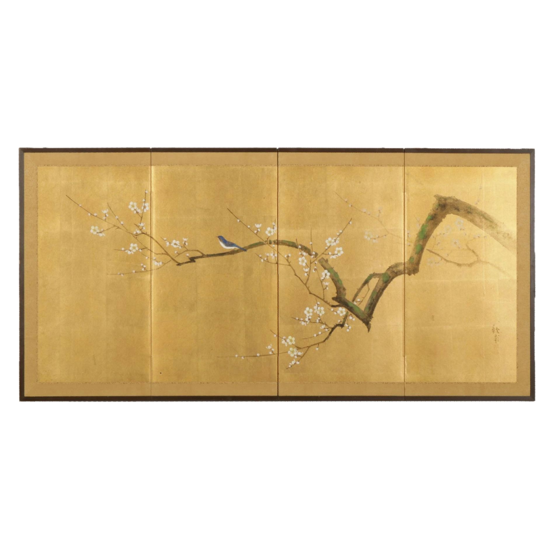 Japanese 4 Panel Byōbu Painting with Floral and Fauna, Early to Mid-20th Century