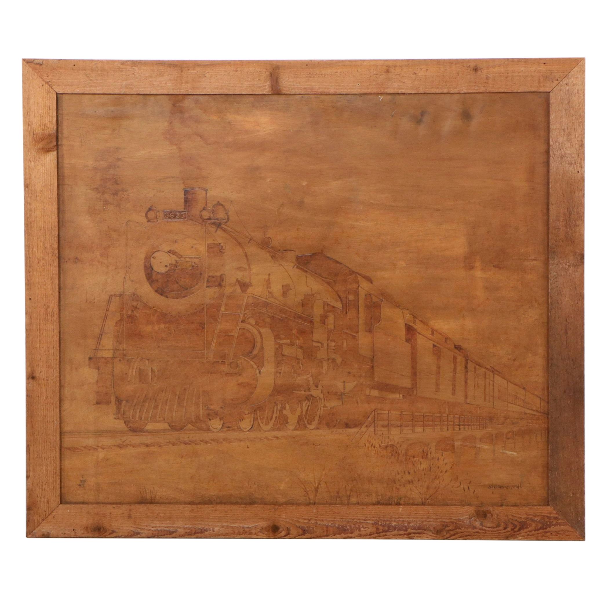 H. W. Vanderwall Folk Carved Art Wood Panel of Steam Engine, Circa 1957