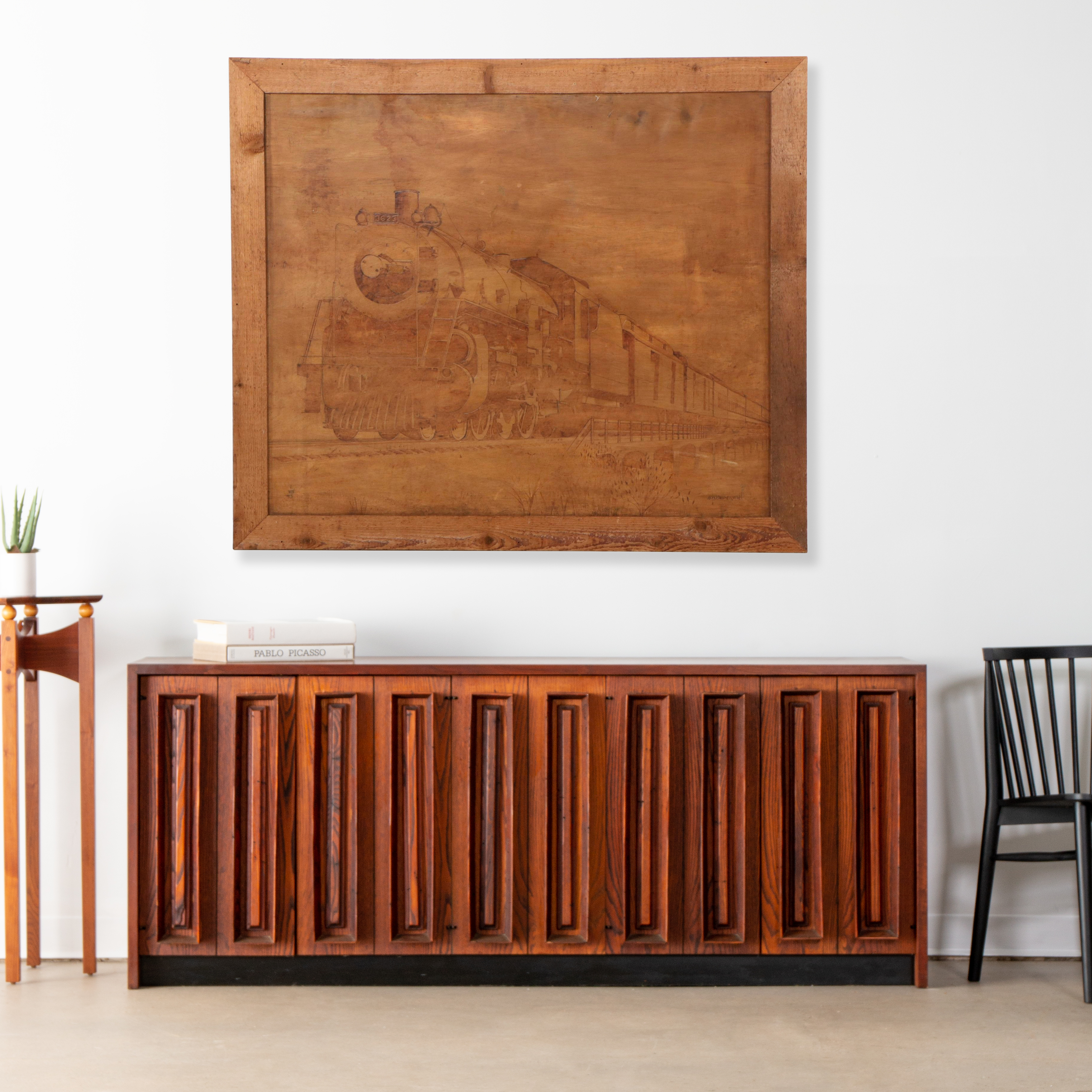 H. W. Vanderwall Folk Carved Art Wood Panel of Steam Engine, Circa 1957