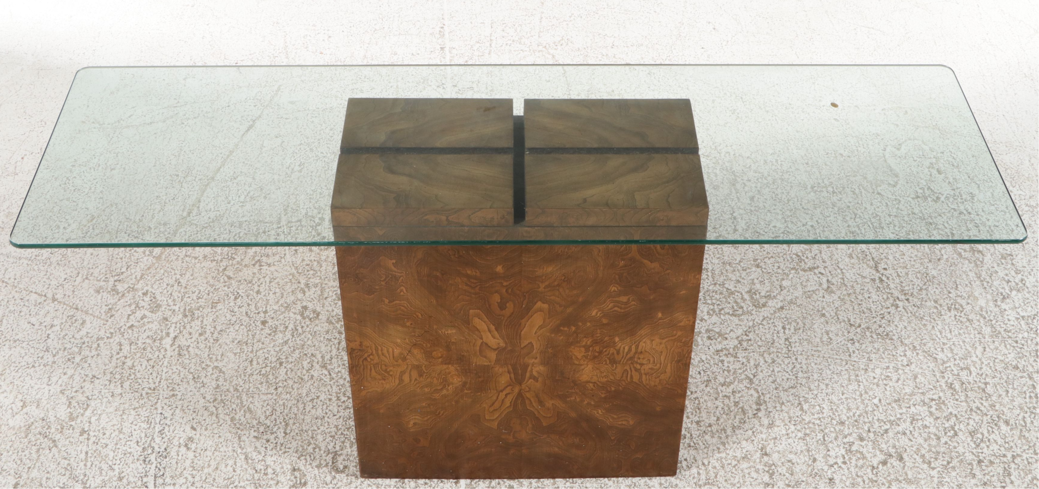 Mid Century Modern Burl Wood Pedestal Console Table with Glass Top, Late 20th C.