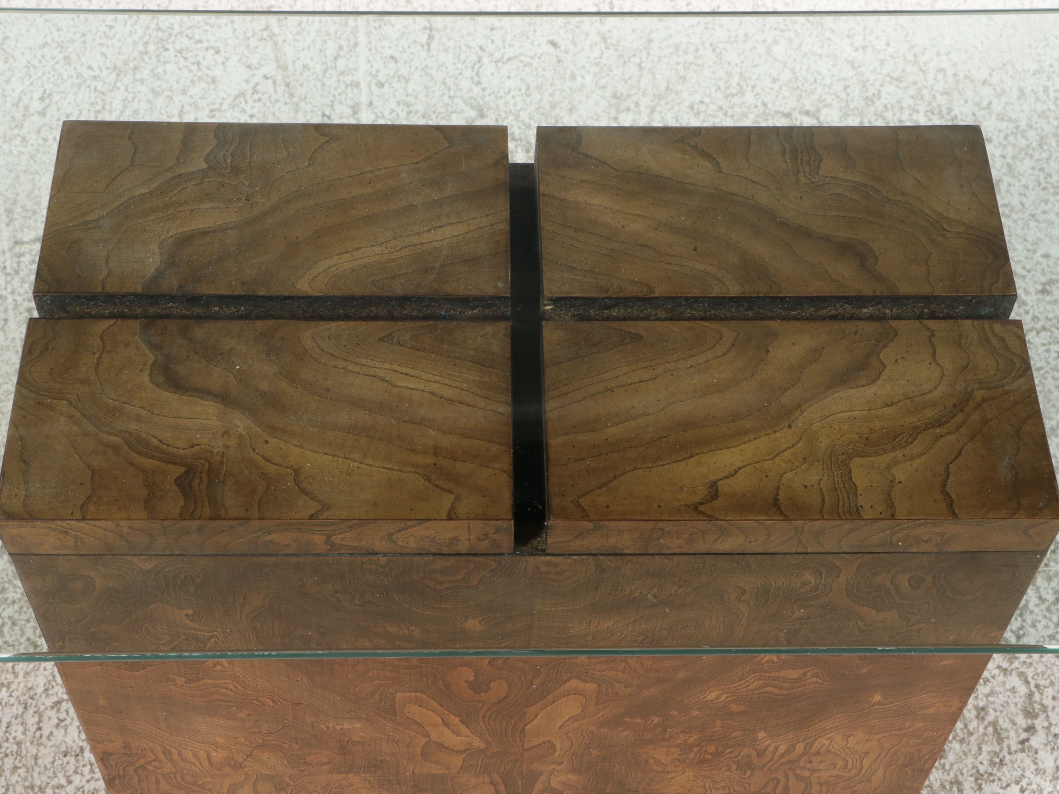 Mid Century Modern Burl Wood Pedestal Console Table with Glass Top, Late 20th C.