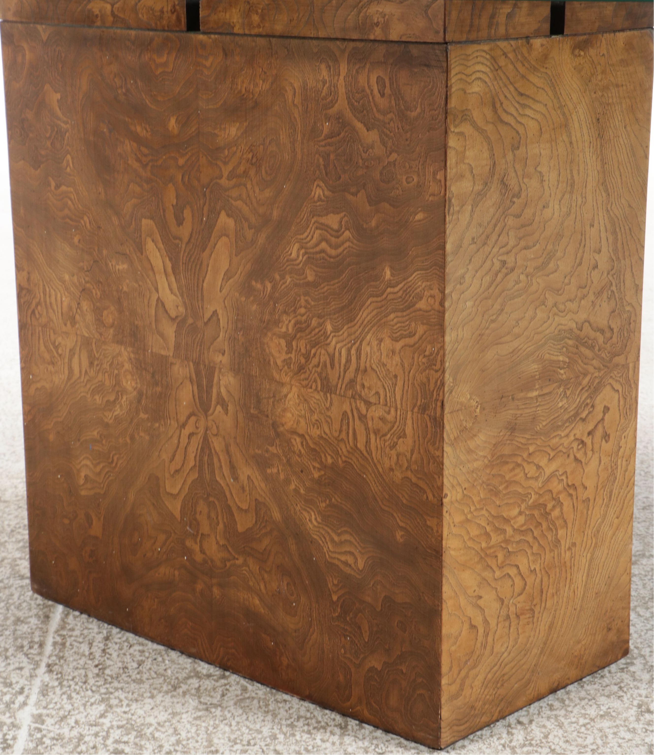 Mid Century Modern Burl Wood Pedestal Console Table with Glass Top, Late 20th C.