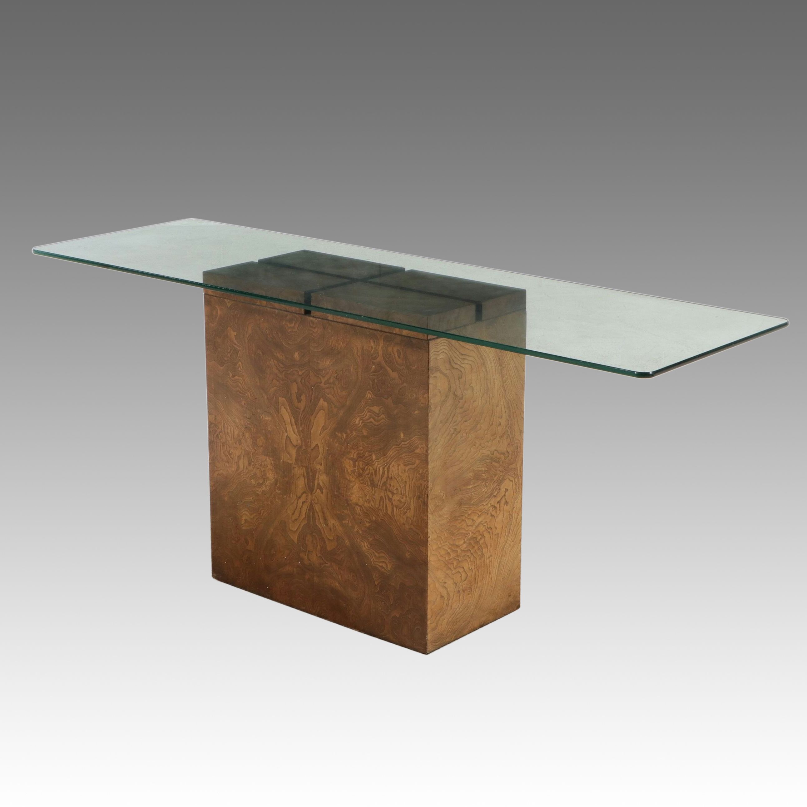 Mid Century Modern Burl Wood Pedestal Console Table with Glass Top, Late 20th C.
