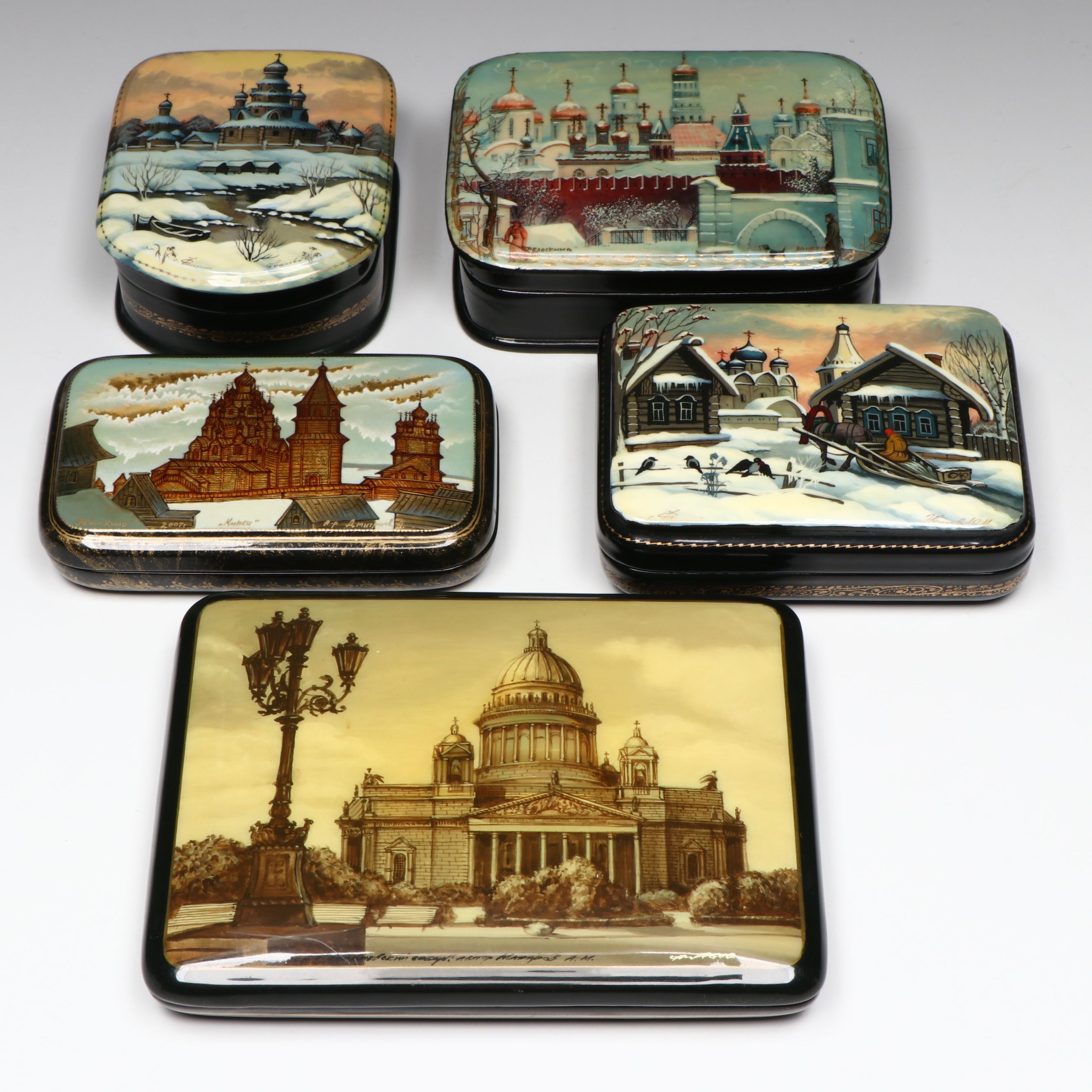 Russian Fedoskino Hand-Painted Cityscape Lacquerware Boxes