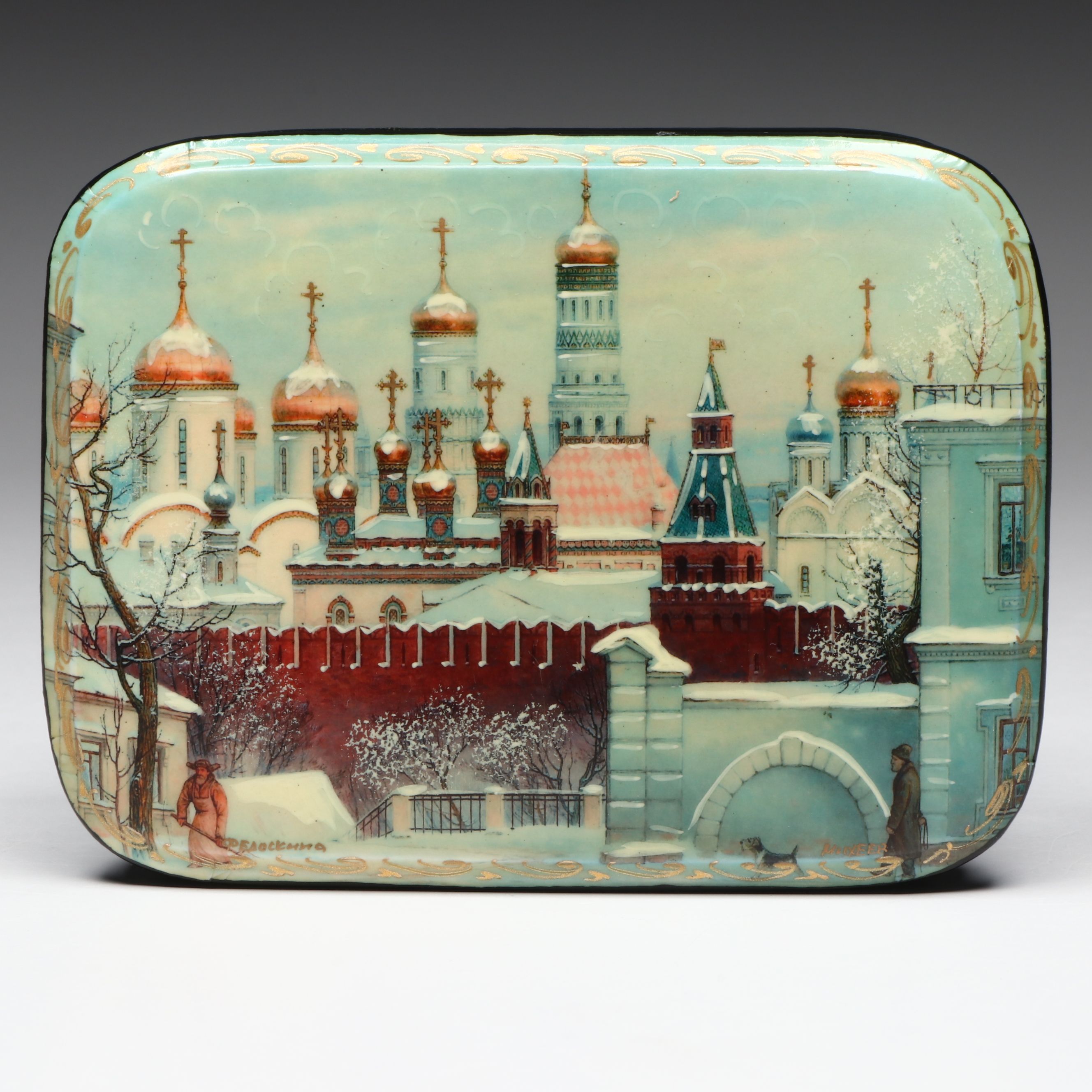 Russian Fedoskino Hand-Painted Cityscape Lacquerware Boxes