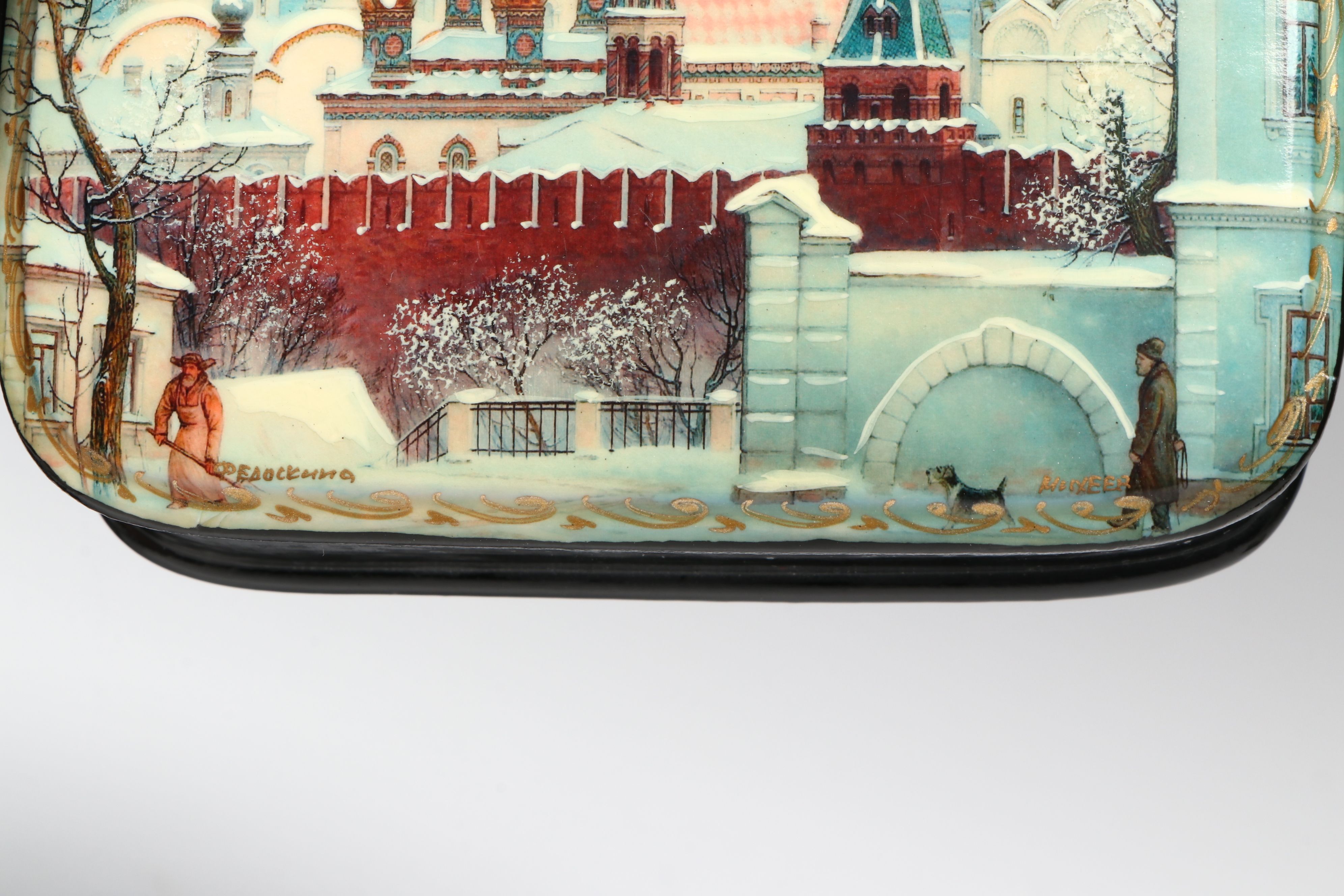 Russian Fedoskino Hand-Painted Cityscape Lacquerware Boxes