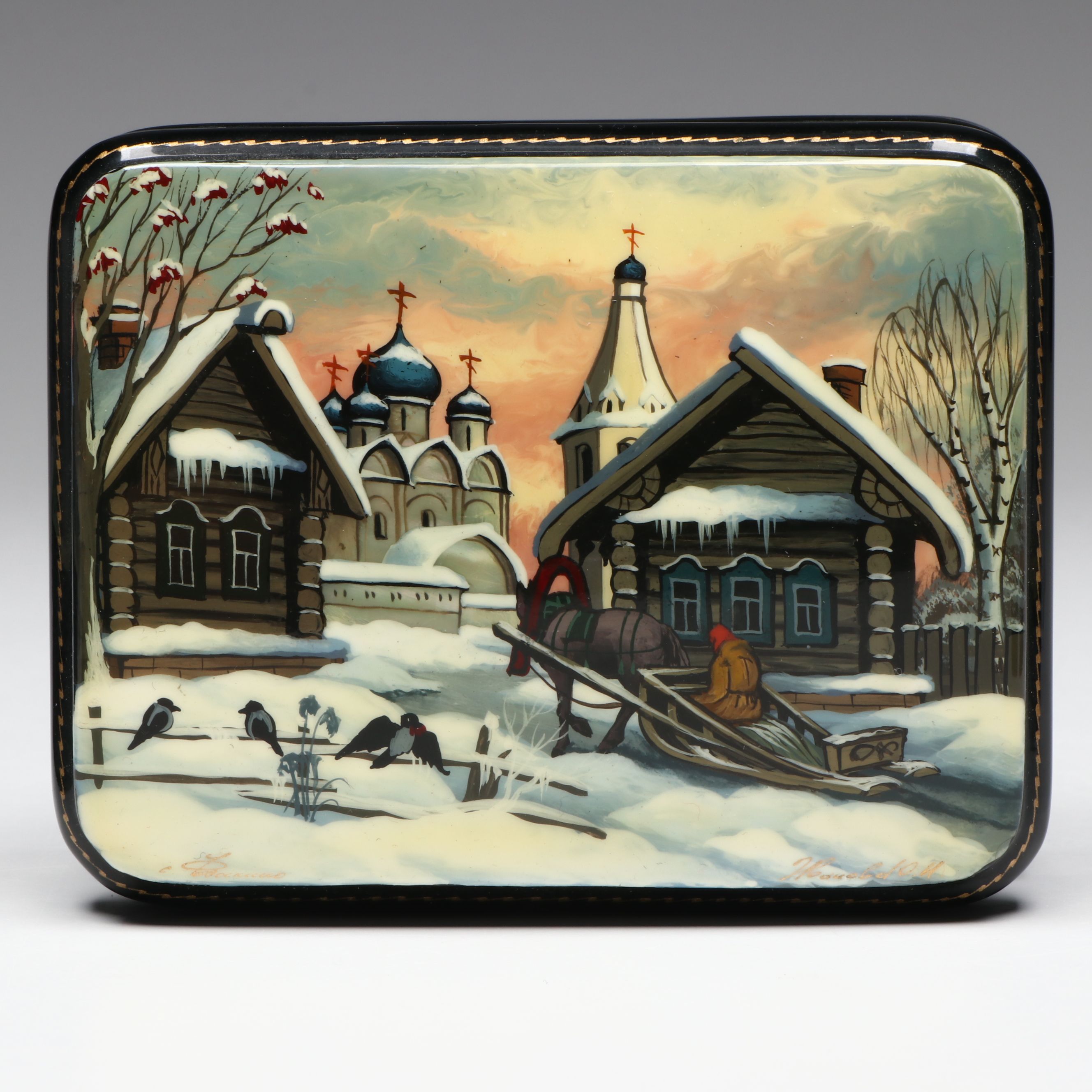 Russian Fedoskino Hand-Painted Cityscape Lacquerware Boxes