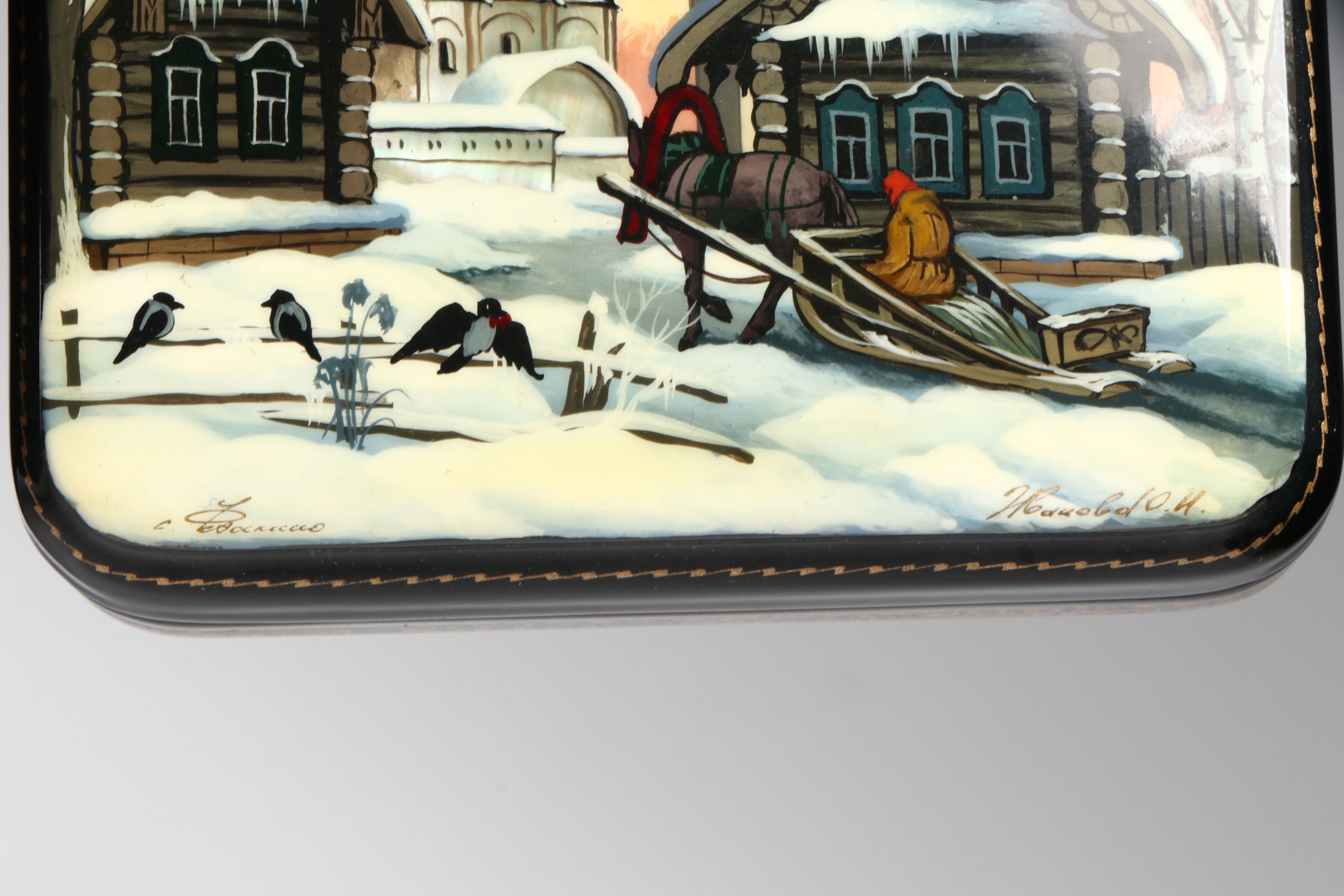 Russian Fedoskino Hand-Painted Cityscape Lacquerware Boxes