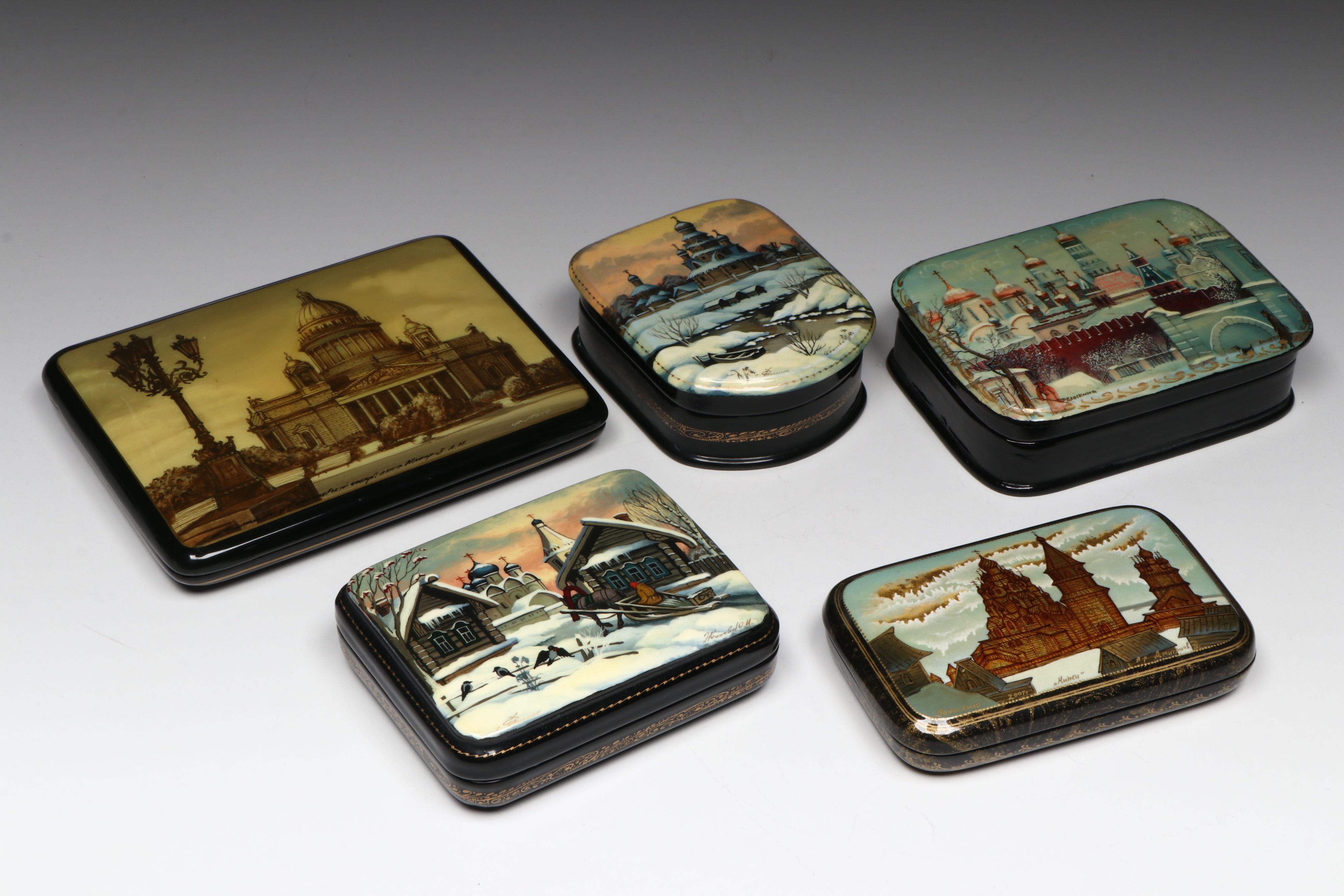Russian Fedoskino Hand-Painted Cityscape Lacquerware Boxes