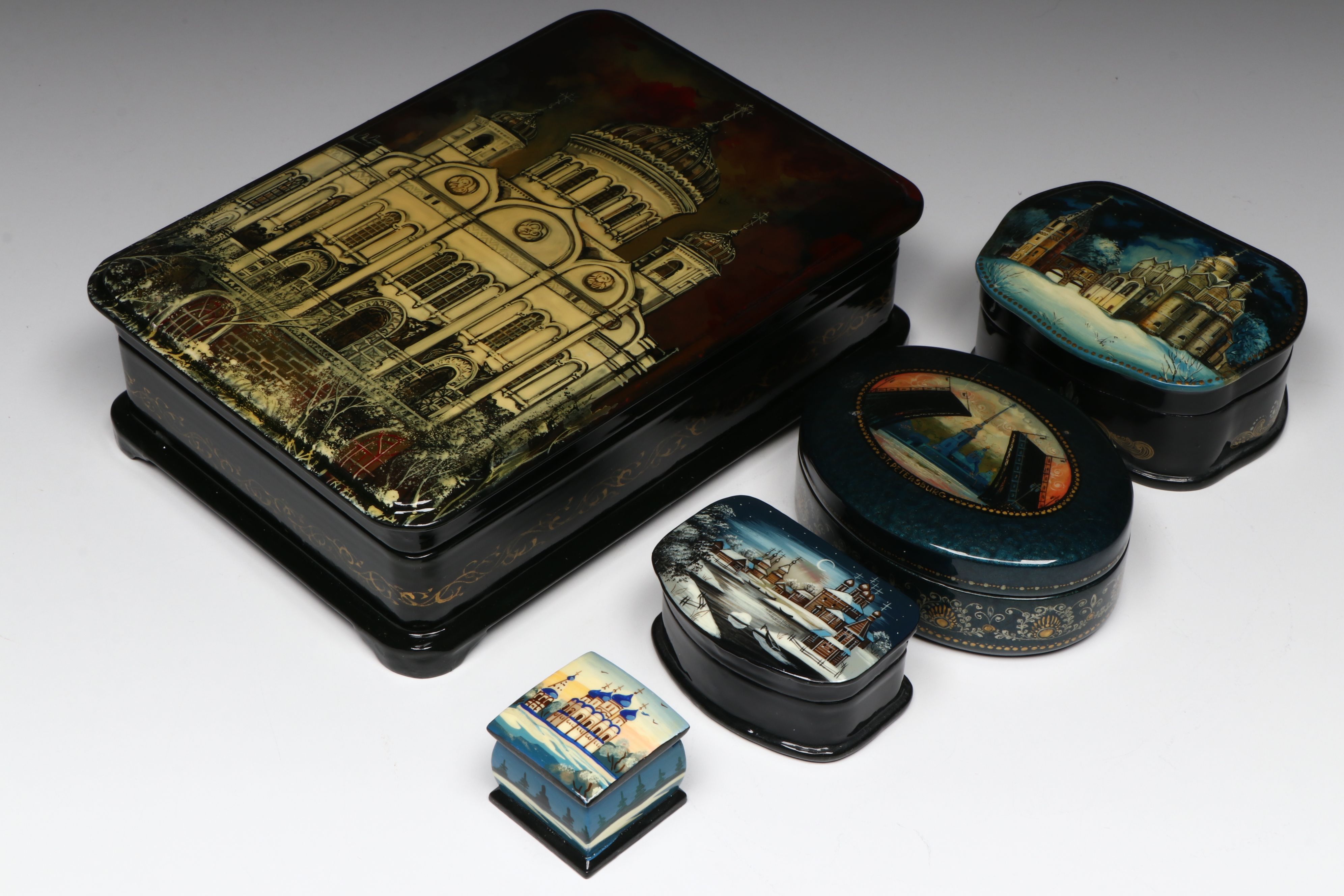 Russian Hand-Painted Cathedral of Christ the Savior and More Lacquerware Boxes