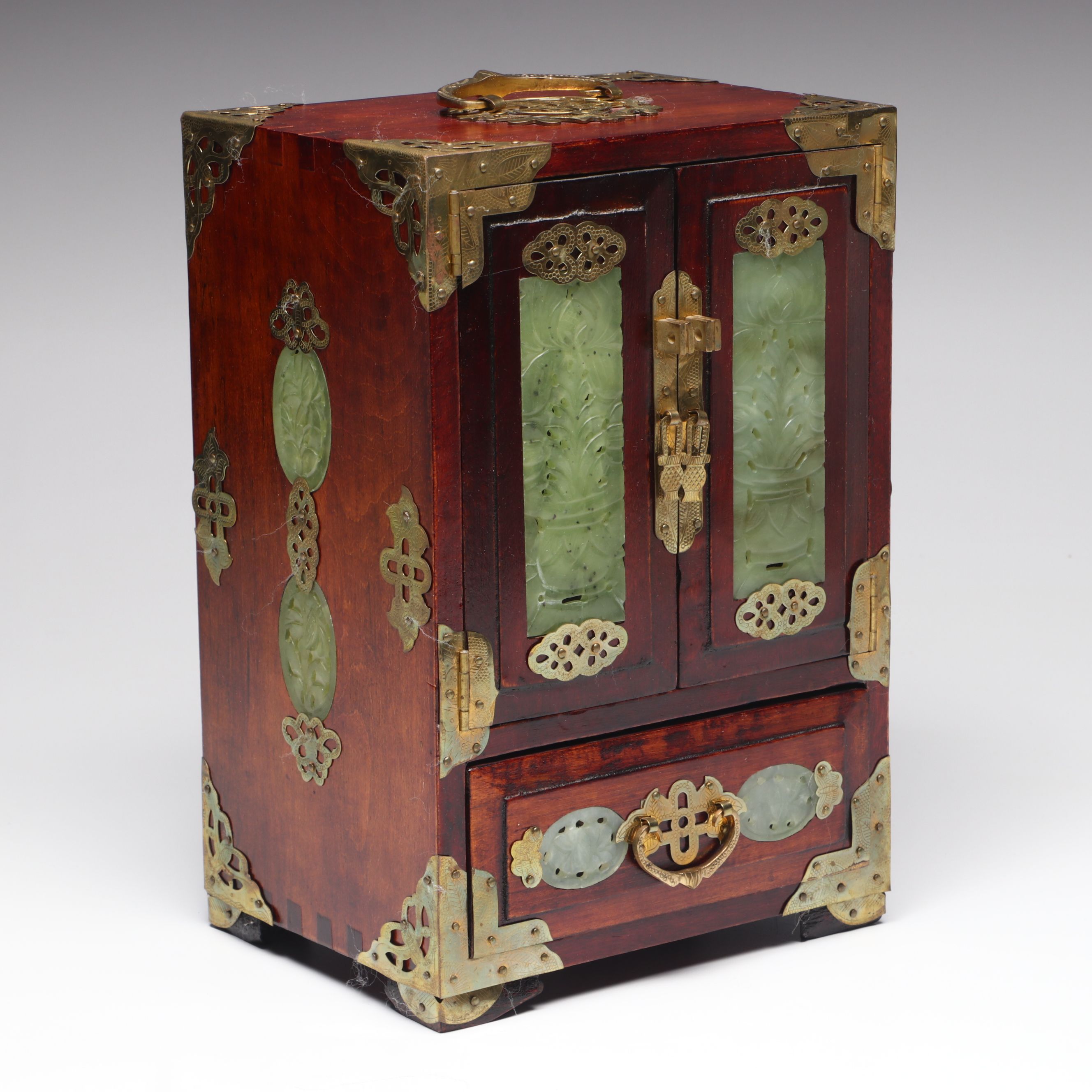 Chinese Wood Jewelry Box with Carved Serpentine Panels and Brass Accents