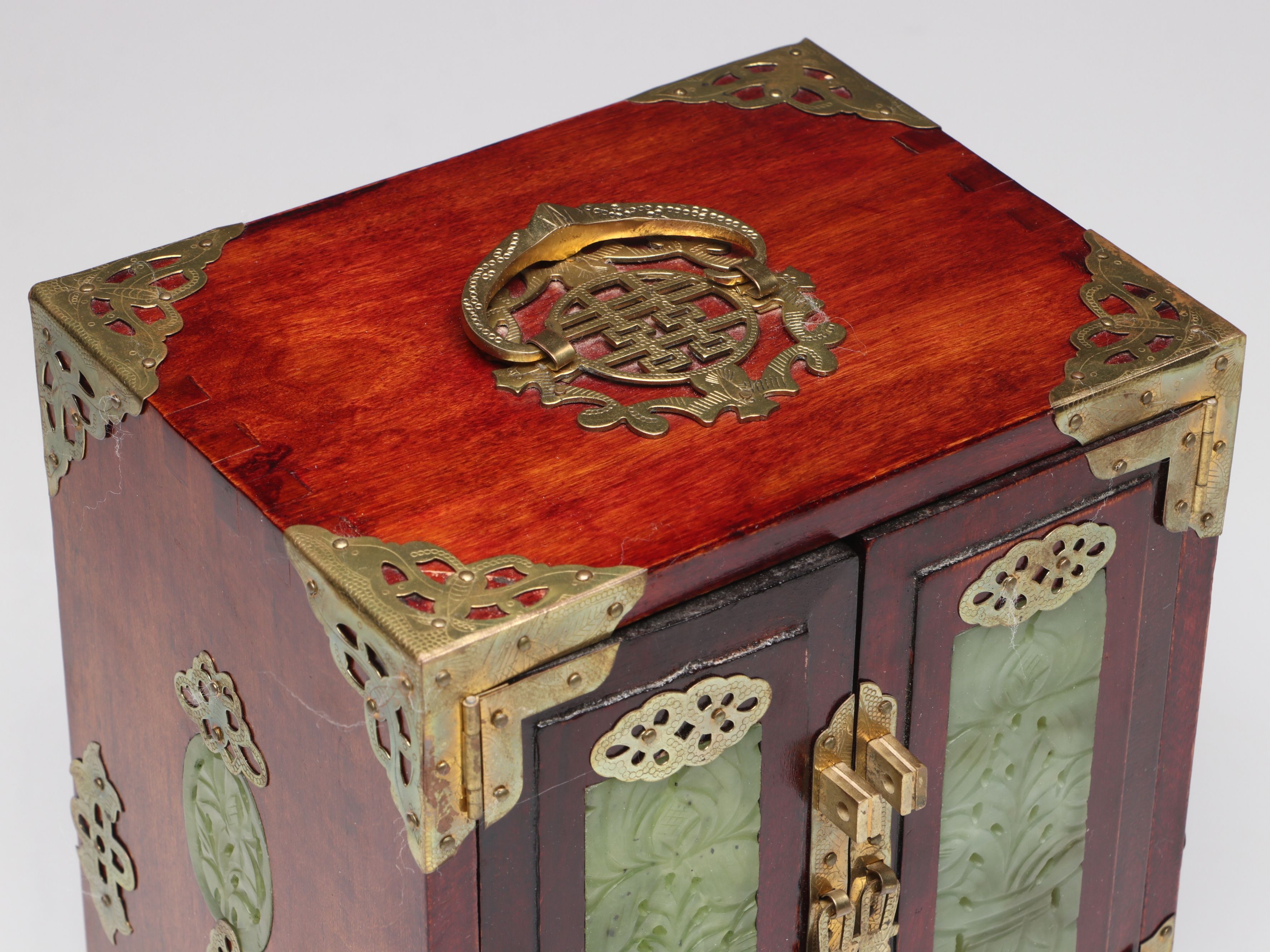 Chinese Wood Jewelry Box with Carved Serpentine Panels and Brass Accents