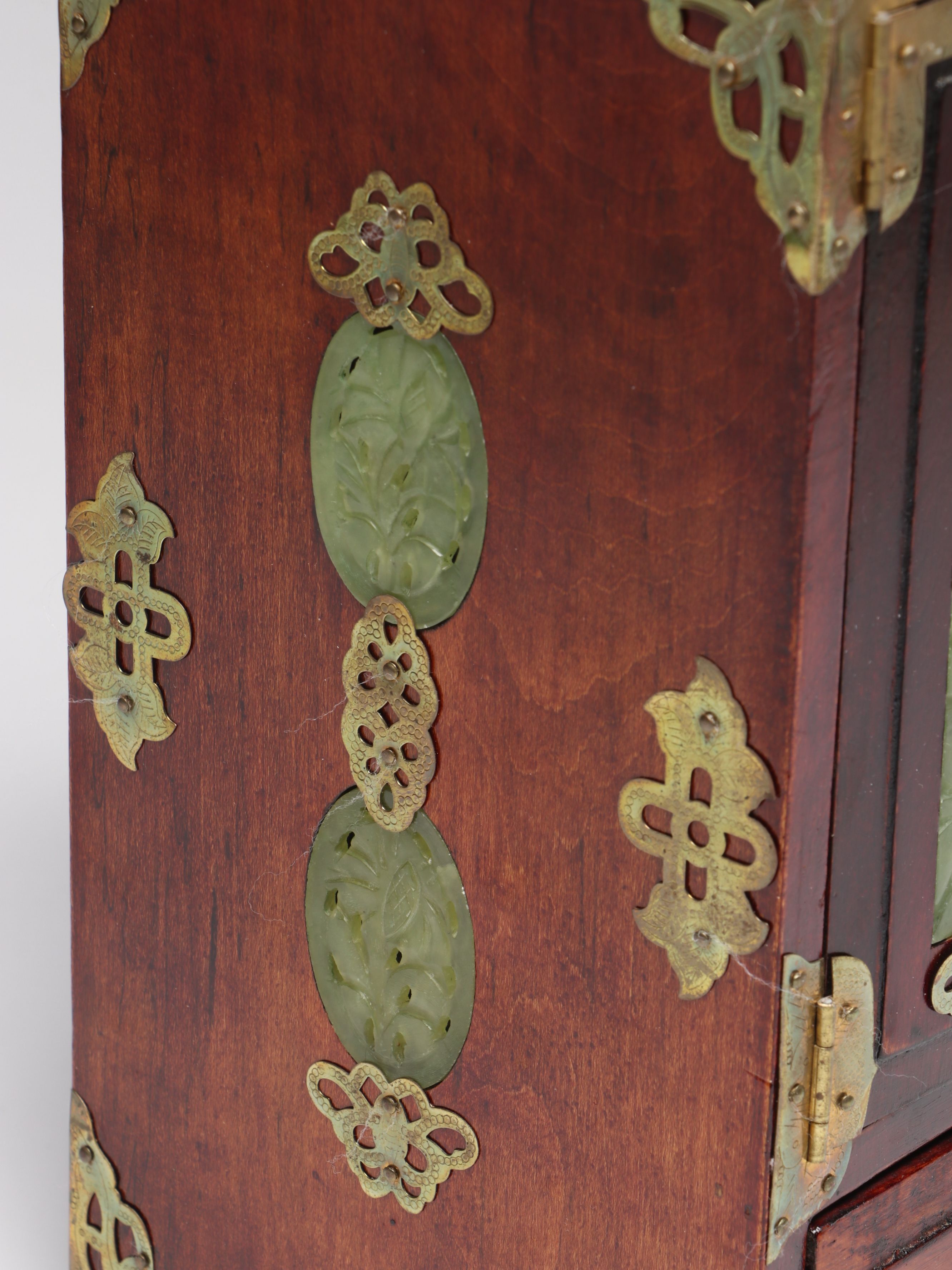 Chinese Wood Jewelry Box with Carved Serpentine Panels and Brass Accents