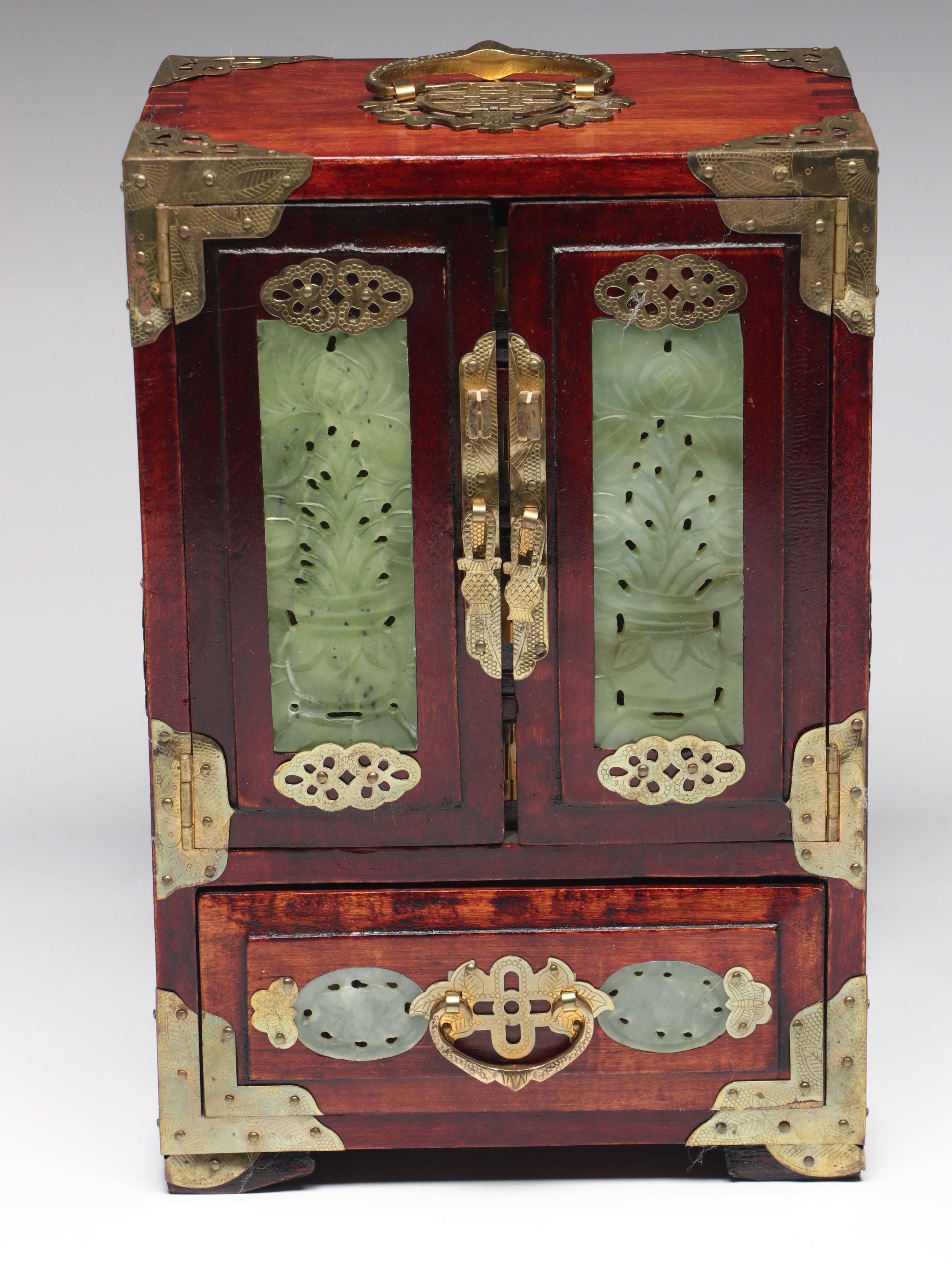 Chinese Wood Jewelry Box with Carved Serpentine Panels and Brass Accents