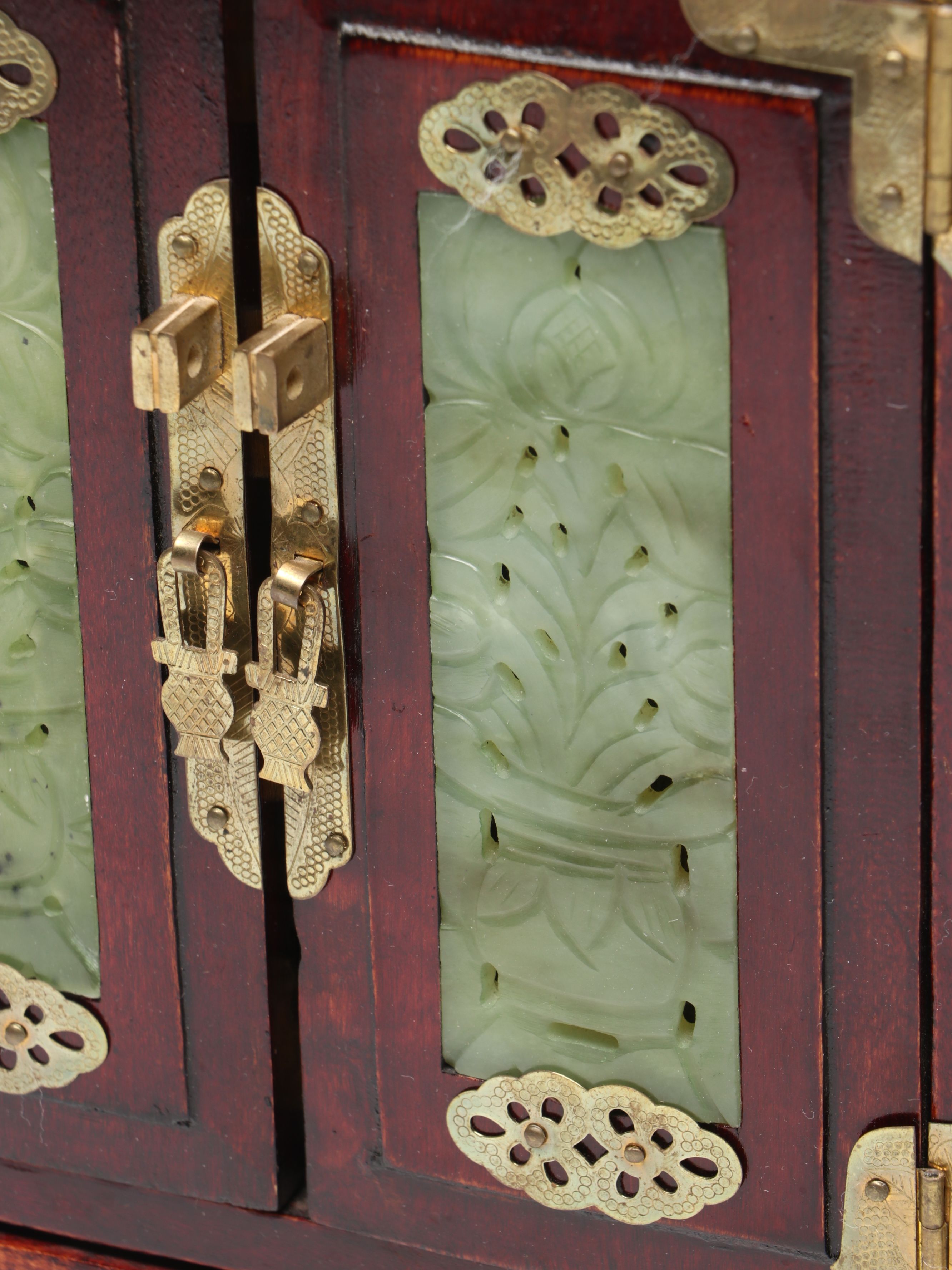 Chinese Wood Jewelry Box with Carved Serpentine Panels and Brass Accents