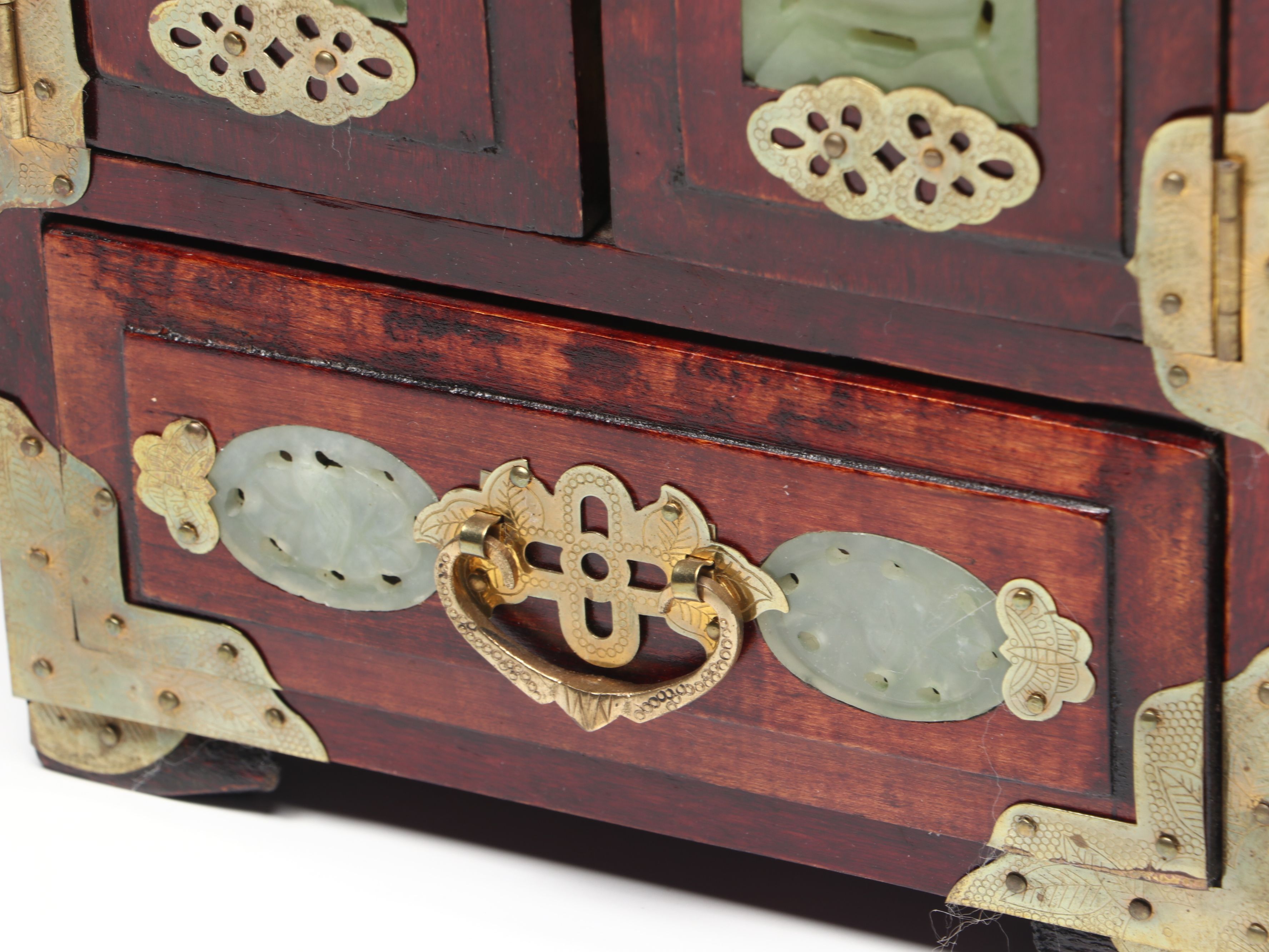 Chinese Wood Jewelry Box with Carved Serpentine Panels and Brass Accents