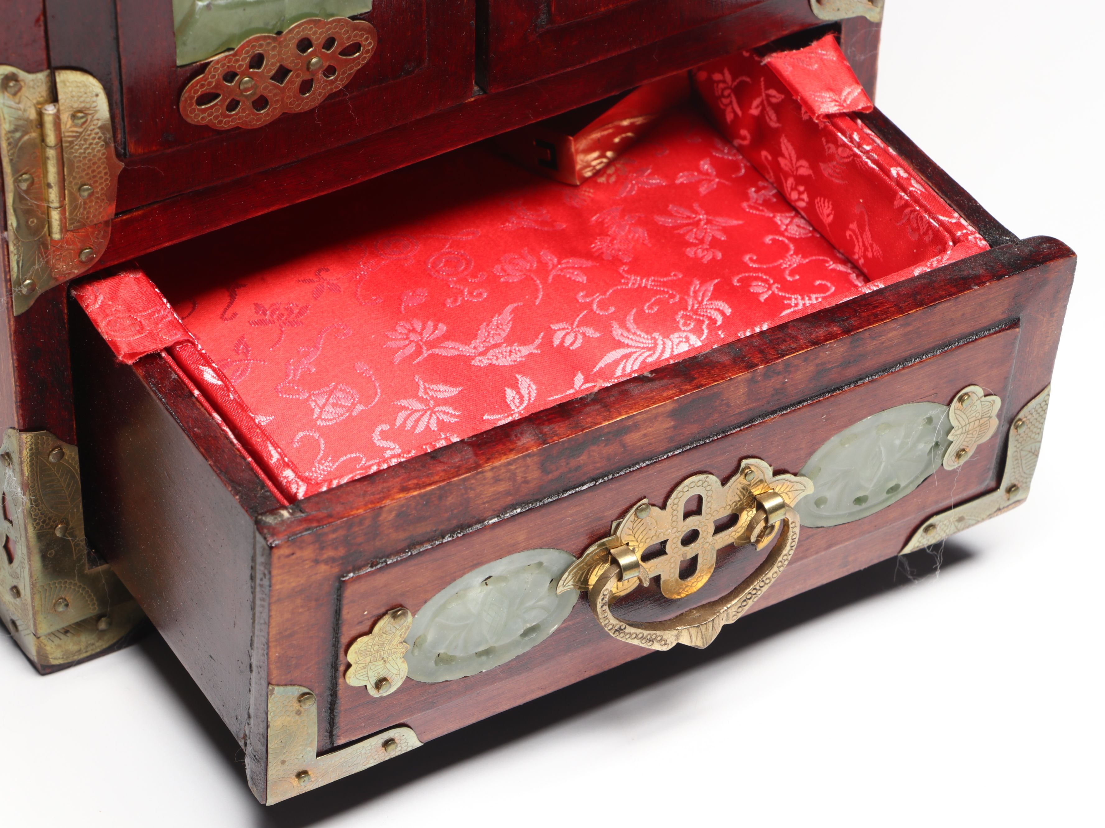 Chinese Wood Jewelry Box with Carved Serpentine Panels and Brass Accents