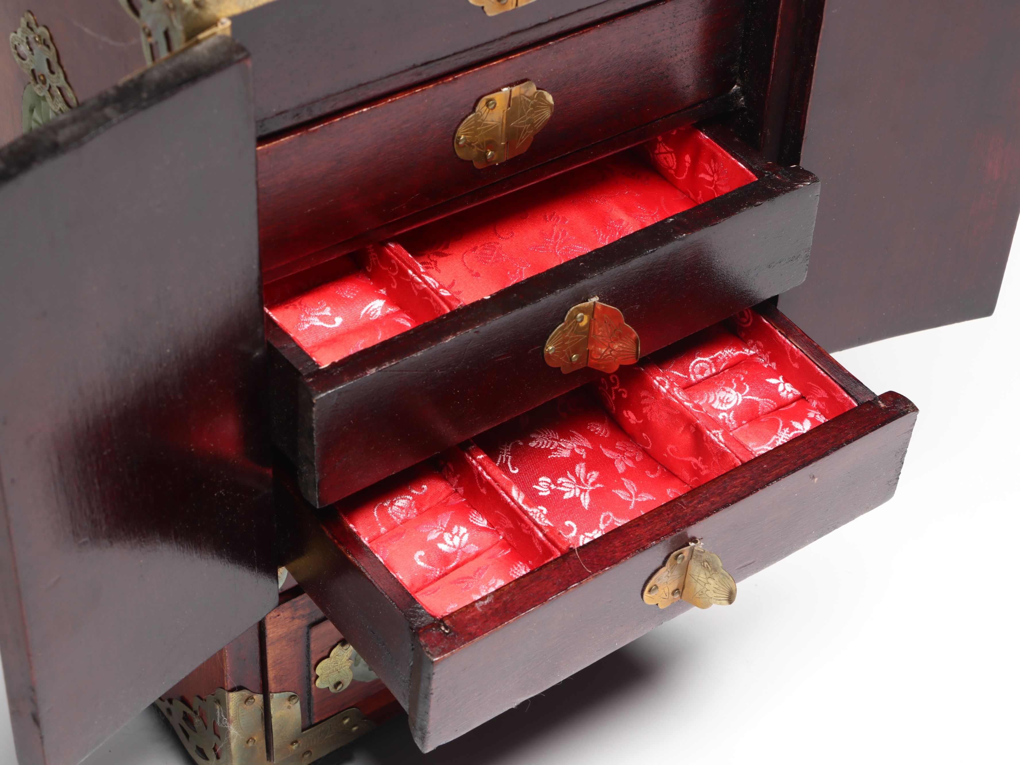 Chinese Wood Jewelry Box with Carved Serpentine Panels and Brass Accents