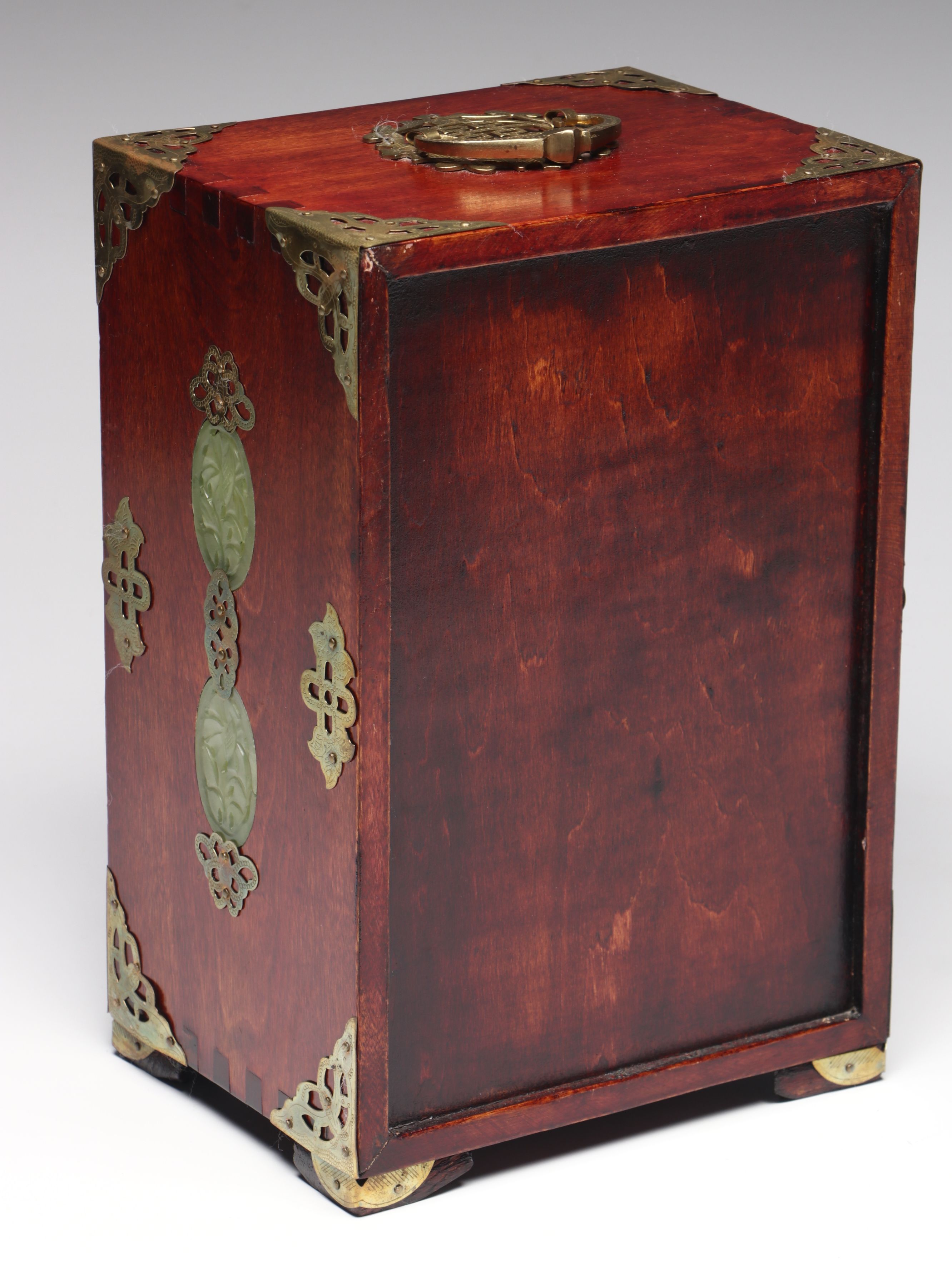 Chinese Wood Jewelry Box with Carved Serpentine Panels and Brass Accents