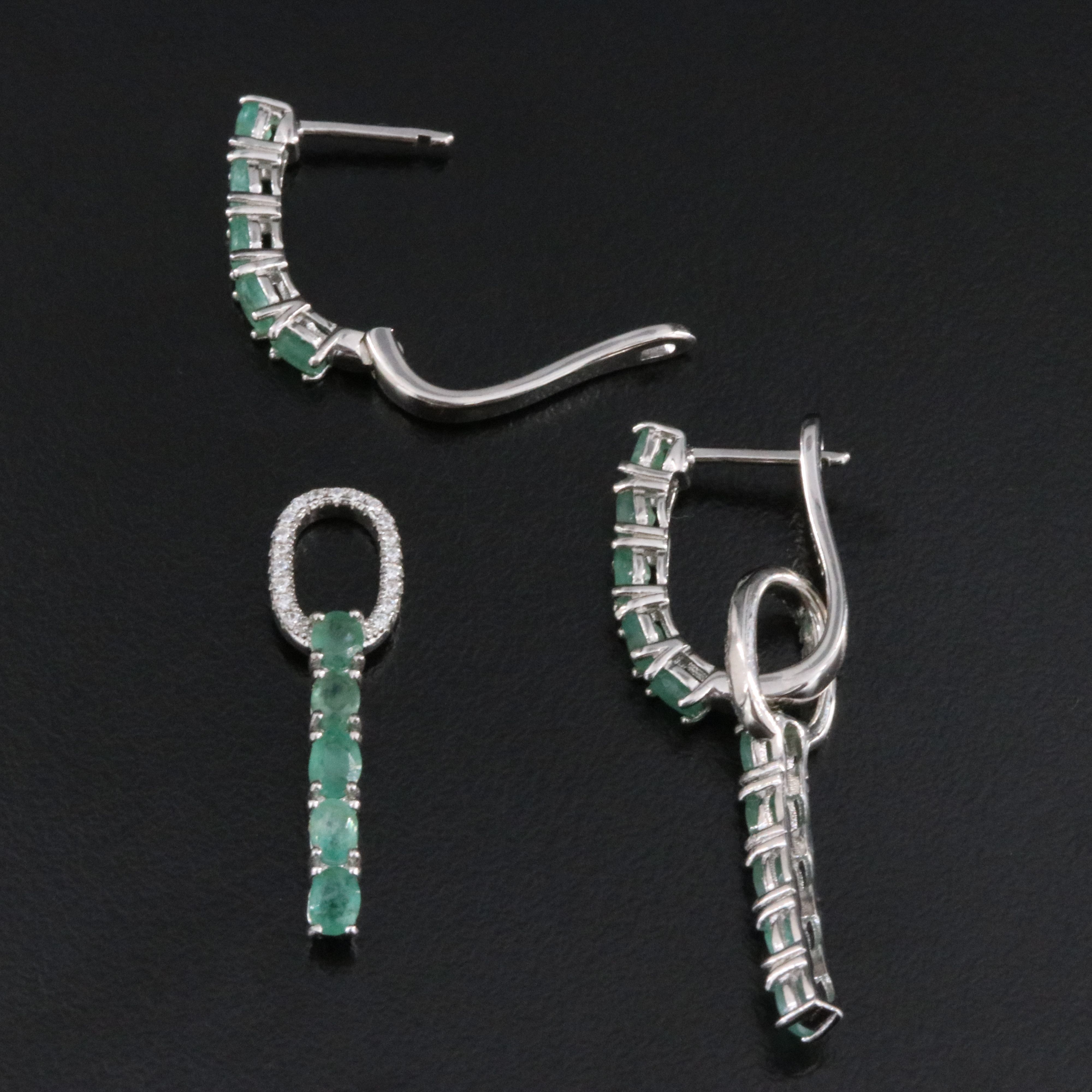Sterling Emerald and CZ J Hoop Earrings and Enhancers