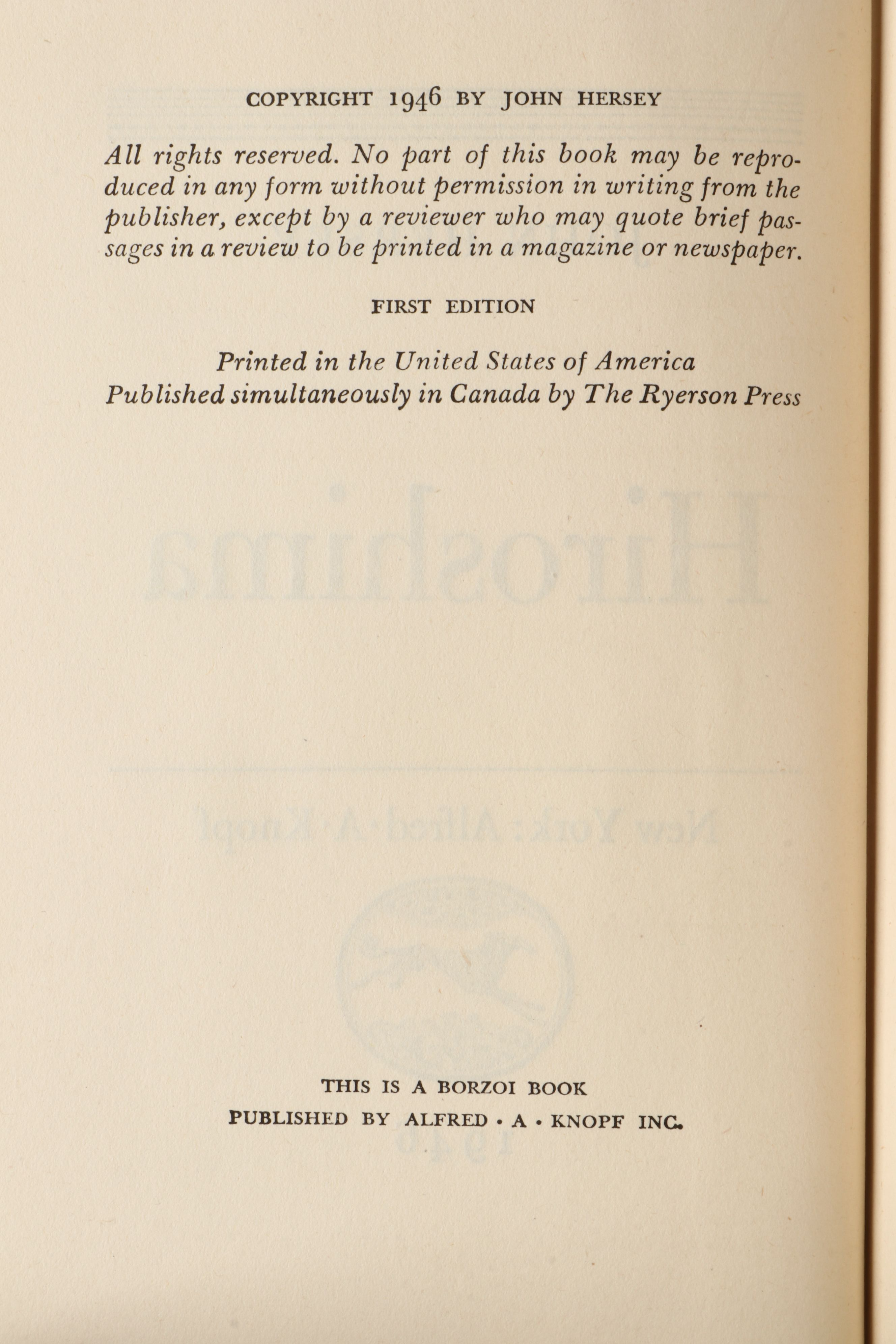 First Edition "Hiroshima" by John Hersey, 1946