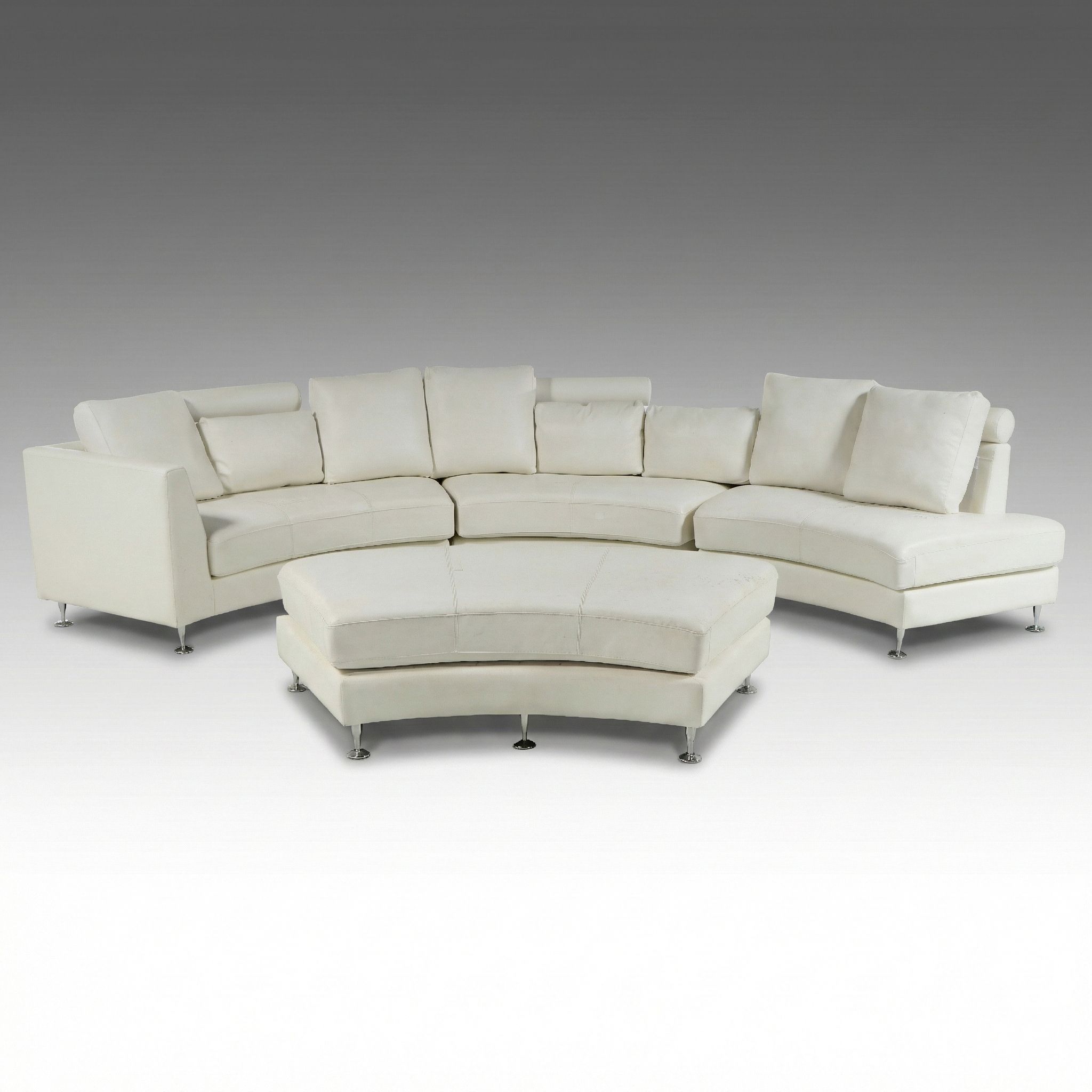 Contemporary White Bonded Leather Curved Sectional Sofa and Ottoman
