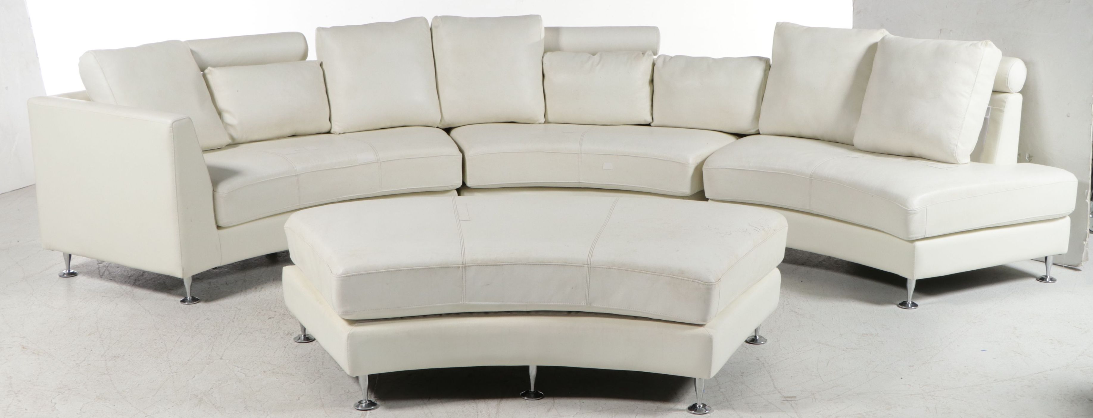 Contemporary White Bonded Leather Curved Sectional Sofa and Ottoman