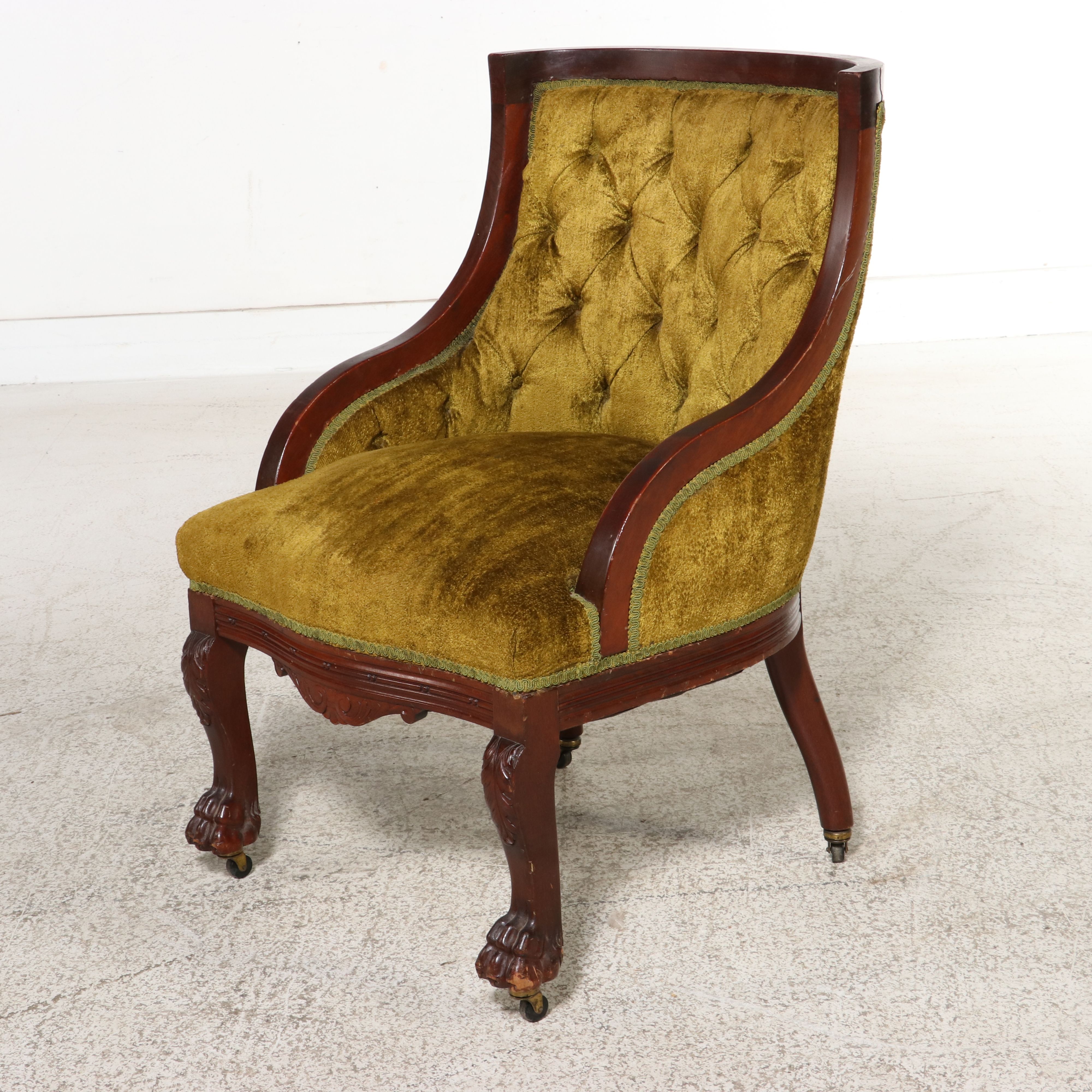 Victorian Tufted Velvet Tub Chair with Claw & Ball Feet, Late 19th Century