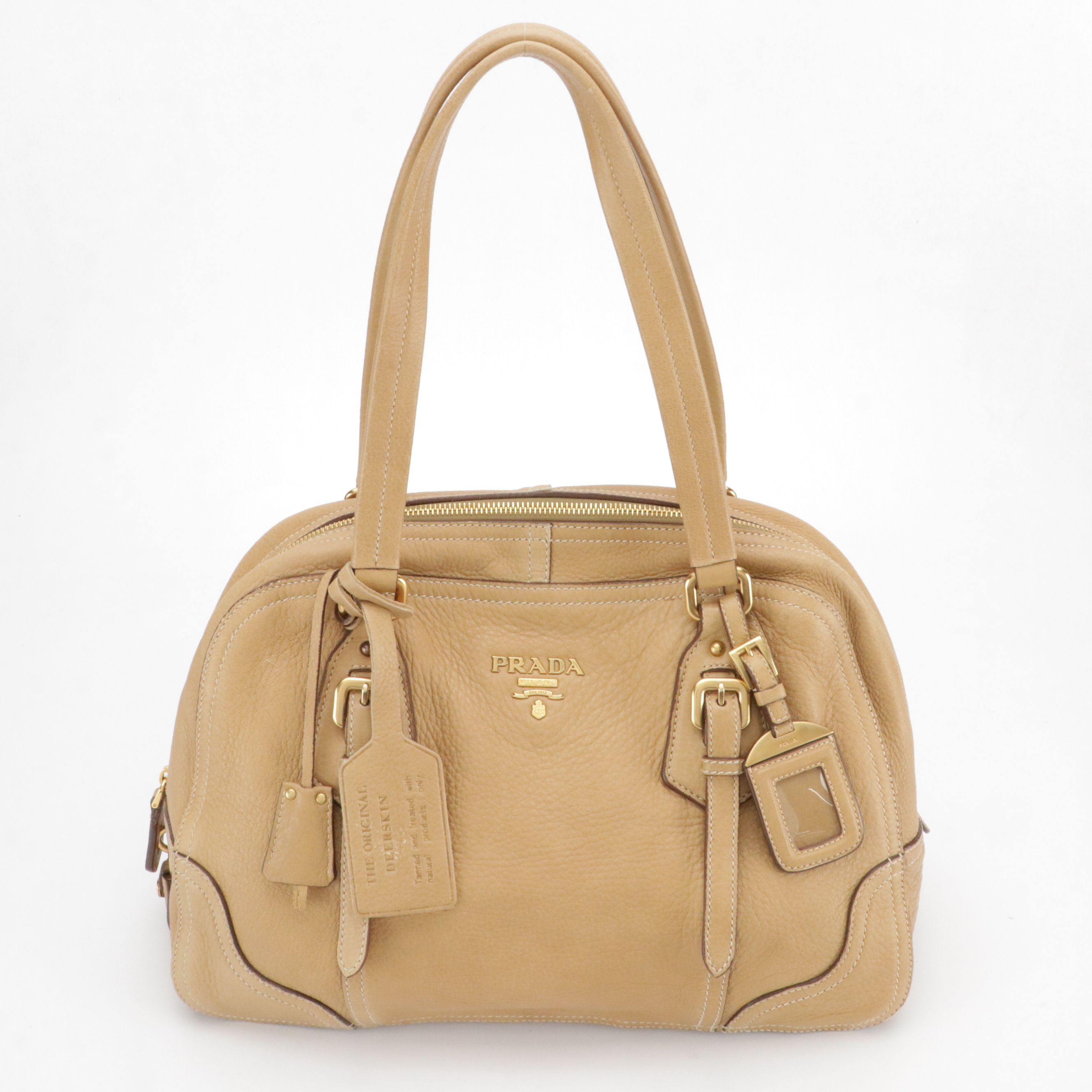 Prada Zip-Around Bowler Satchel Bag in Beige Grained Deerskin Leather