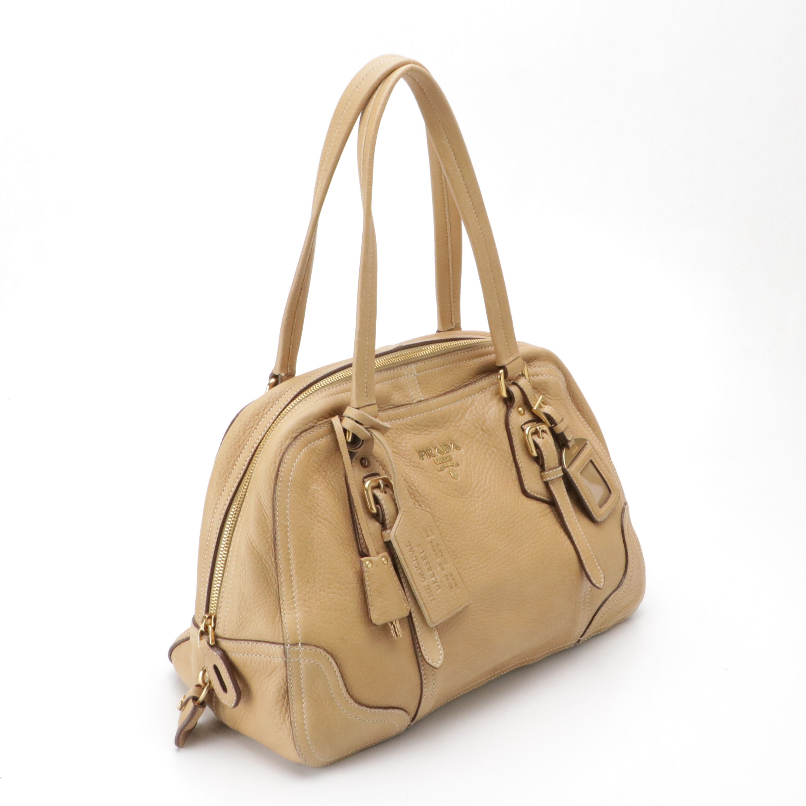 Prada Zip-Around Bowler Satchel Bag in Beige Grained Deerskin Leather