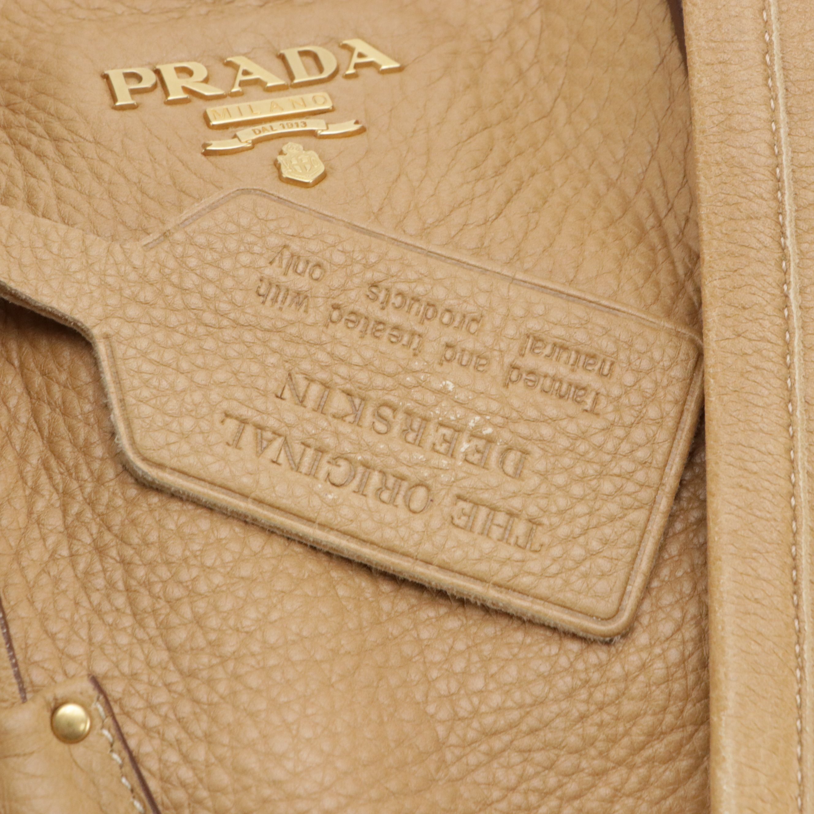 Prada Zip-Around Bowler Satchel Bag in Beige Grained Deerskin Leather