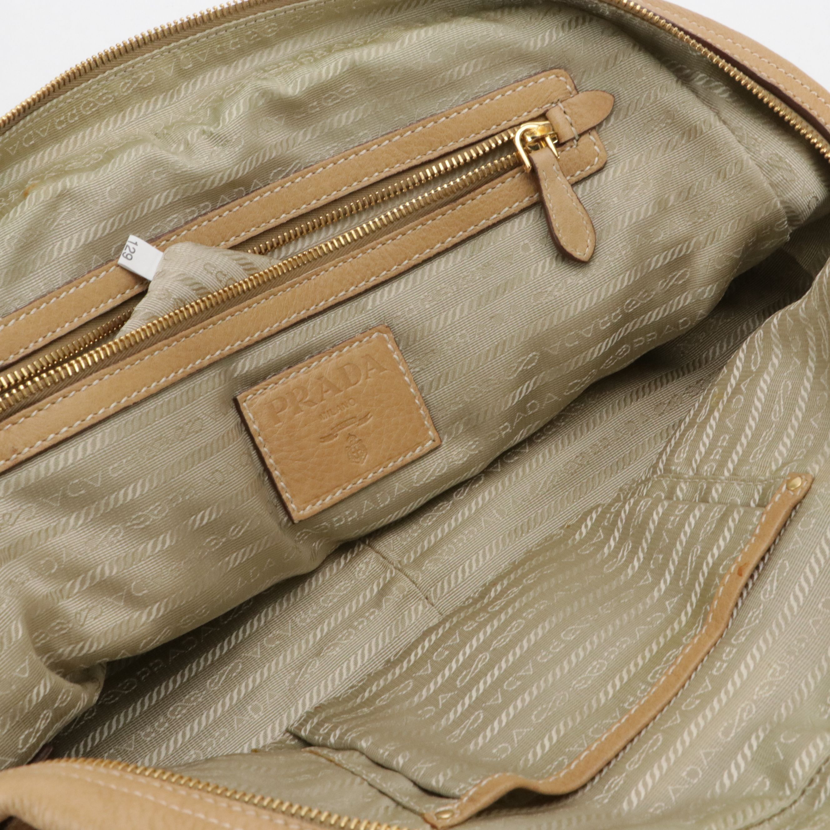 Prada Zip-Around Bowler Satchel Bag in Beige Grained Deerskin Leather