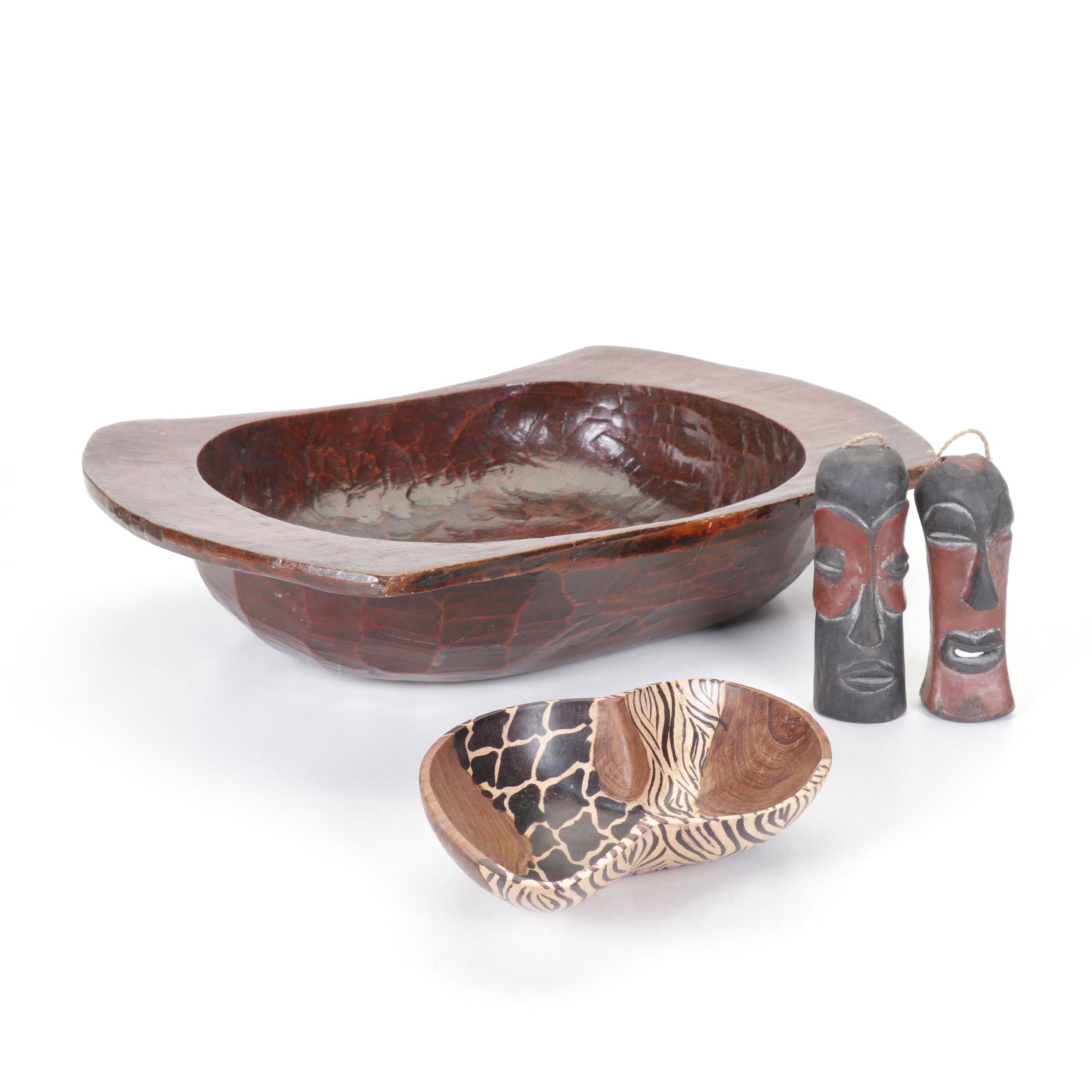 Hand Hewn Wooden Dough Bowl with African Animal Print Bowl & Tribal Mask Decor