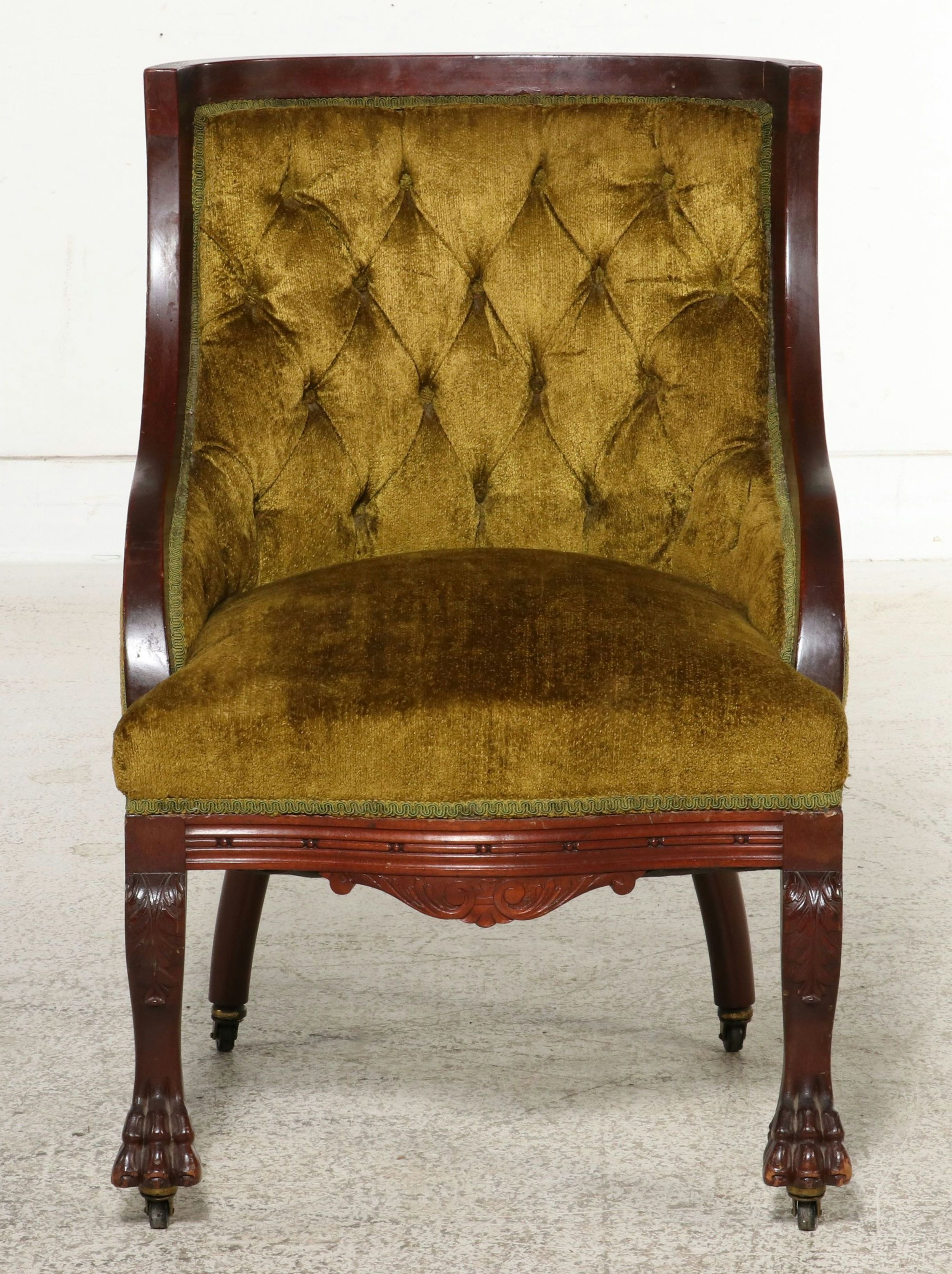 Victorian Tufted Velvet Tub Chair with Claw & Ball Feet, Late 19th Century