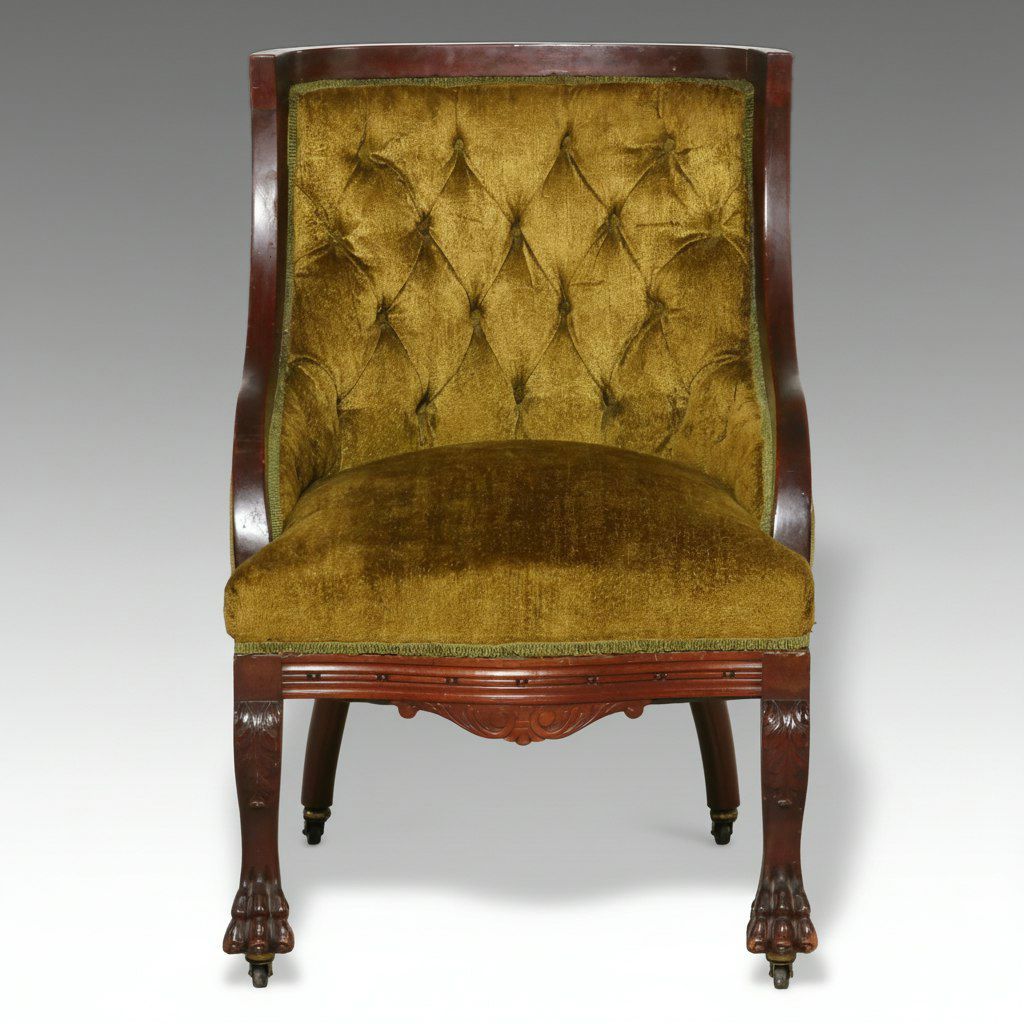 Victorian Tufted Velvet Tub Chair with Claw & Ball Feet, Late 19th Century
