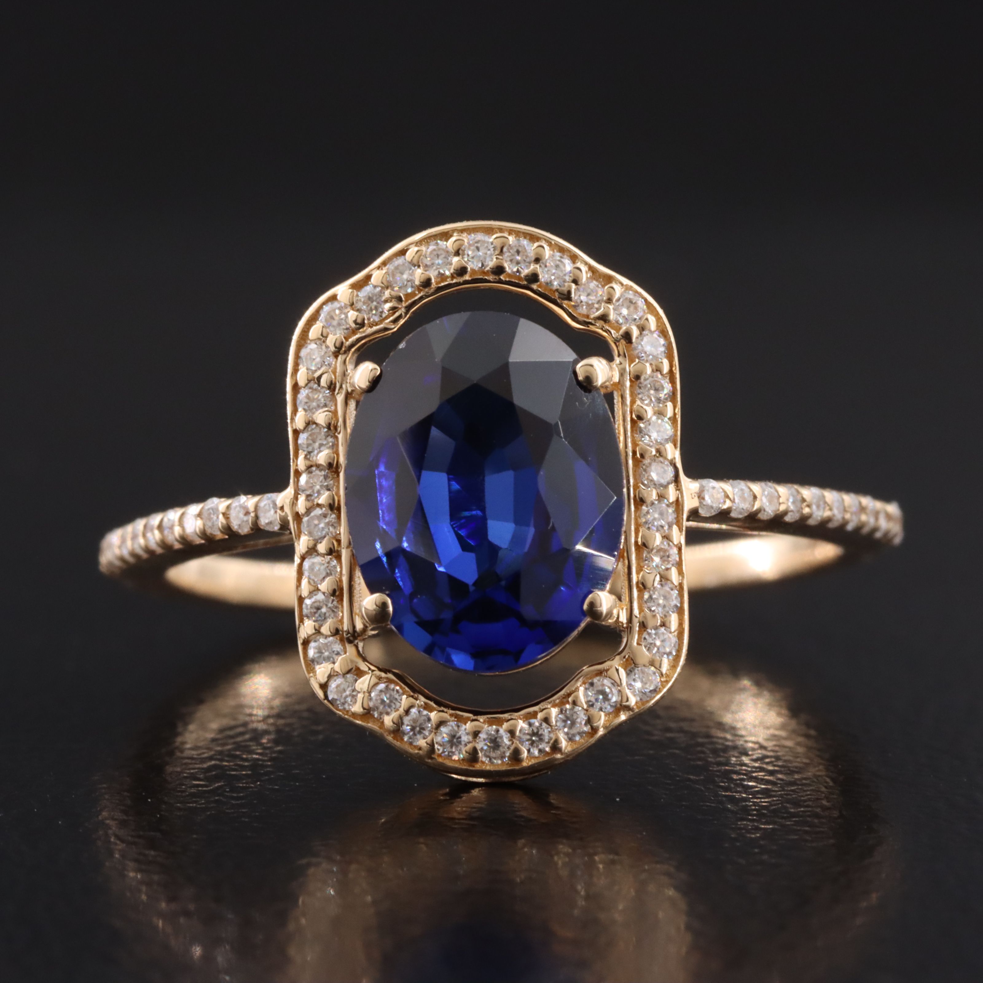 14K 2.07 CT Lab Grown Sapphire and Moissanite Halo Ring