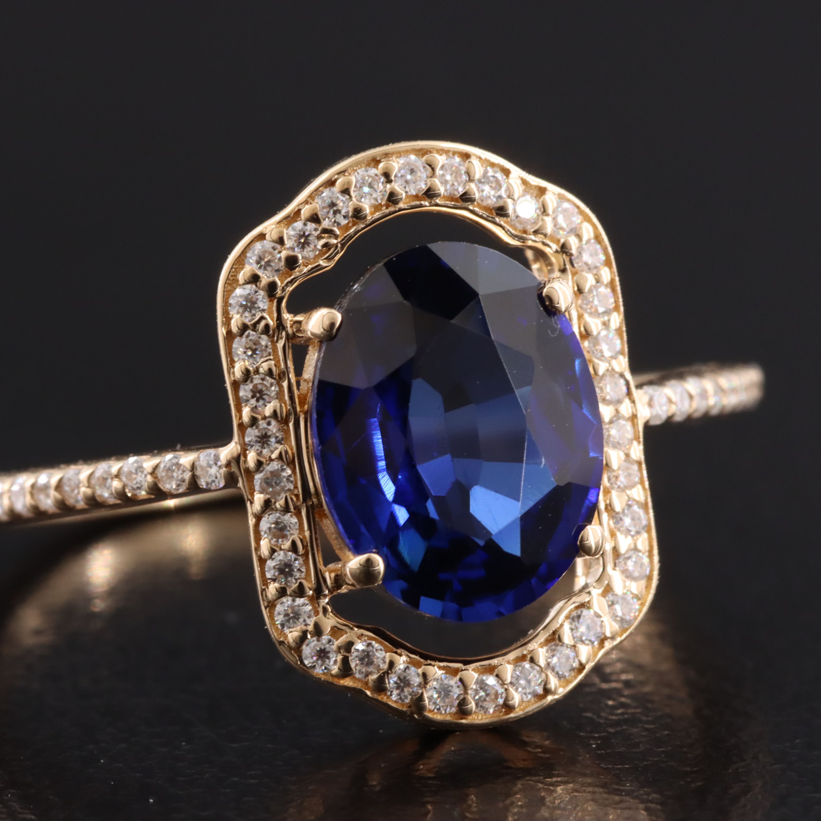 14K 2.07 CT Lab Grown Sapphire and Moissanite Halo Ring