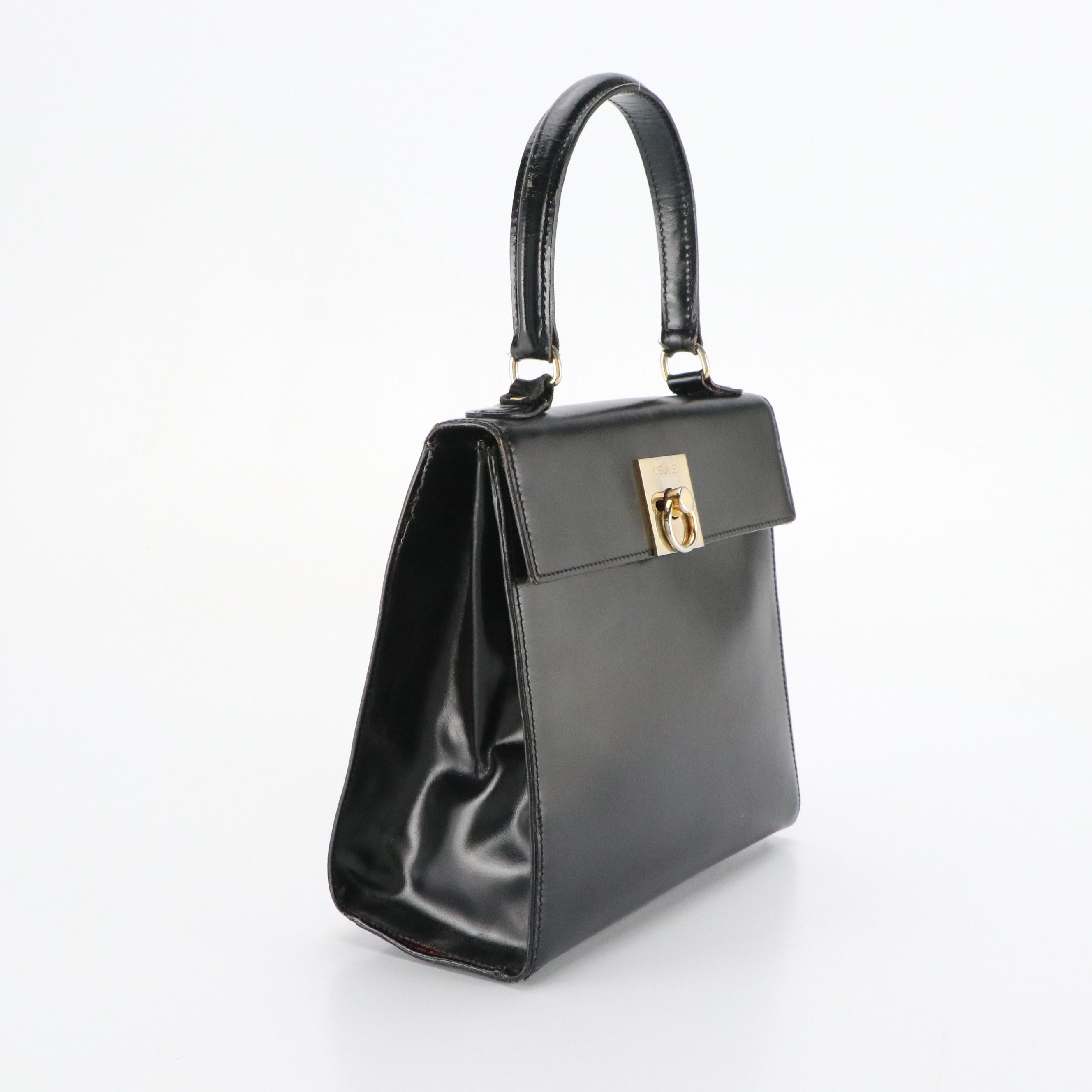 Celine Top Handle Foldover Handbag in Black Leather