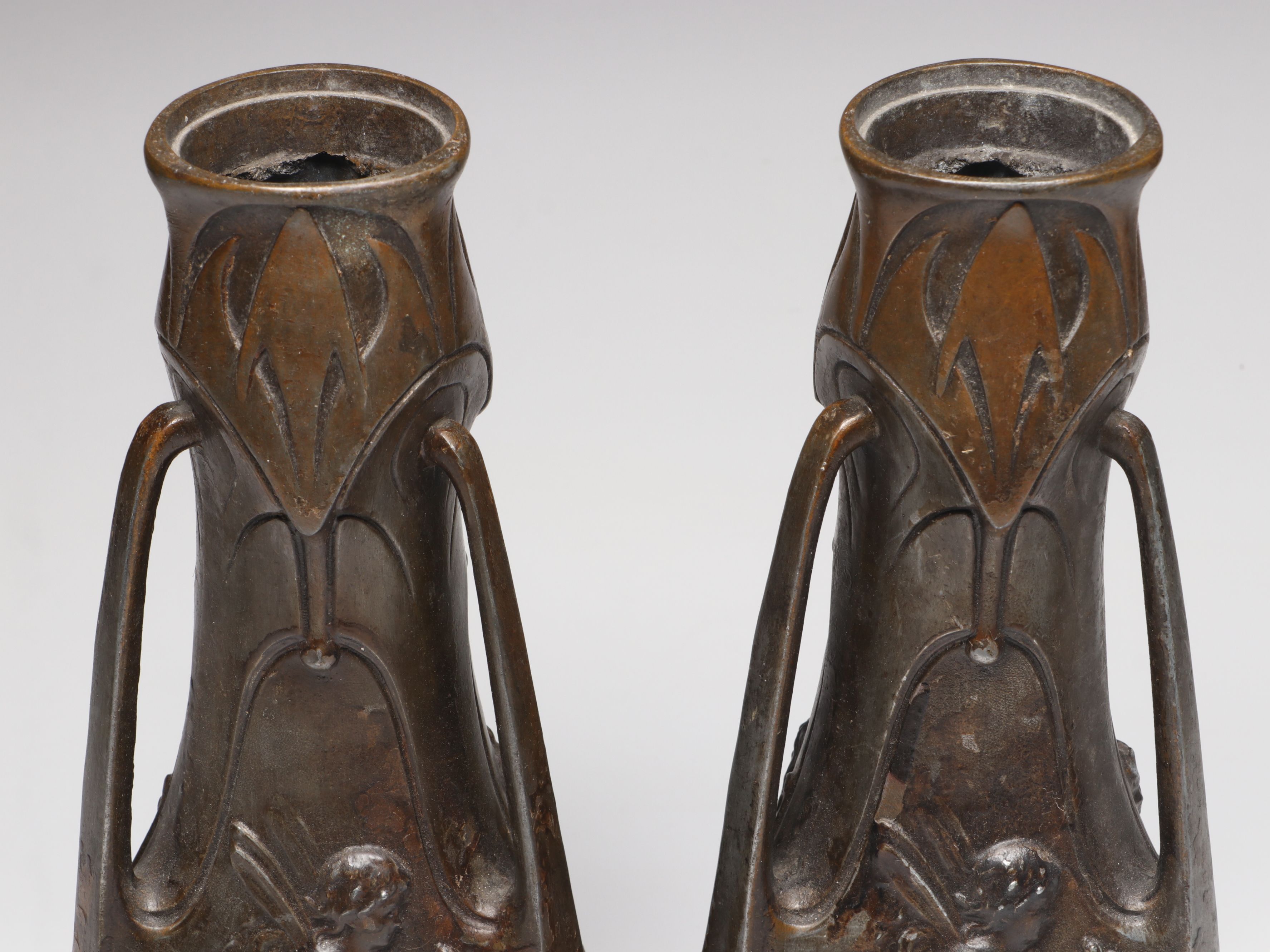 Pair of Jean Garnier French Art Nouveau Bronzed Spelter Fairy Vases