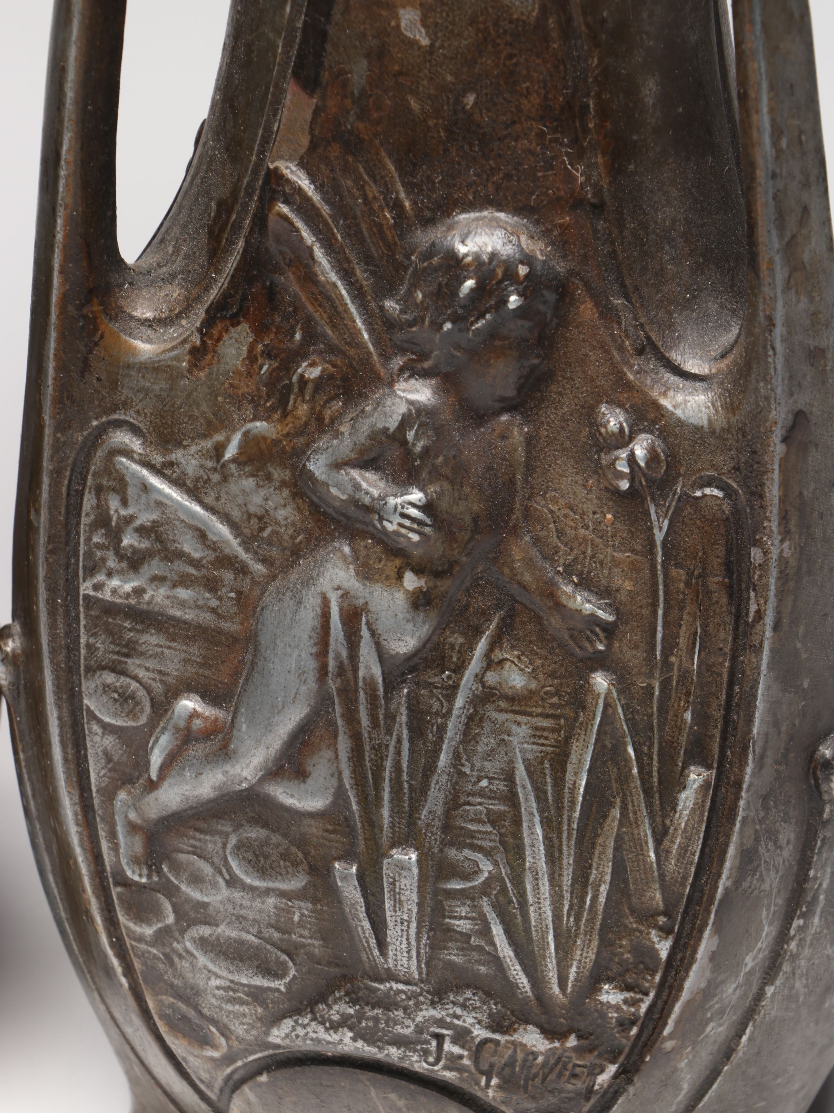 Pair of Jean Garnier French Art Nouveau Bronzed Spelter Fairy Vases