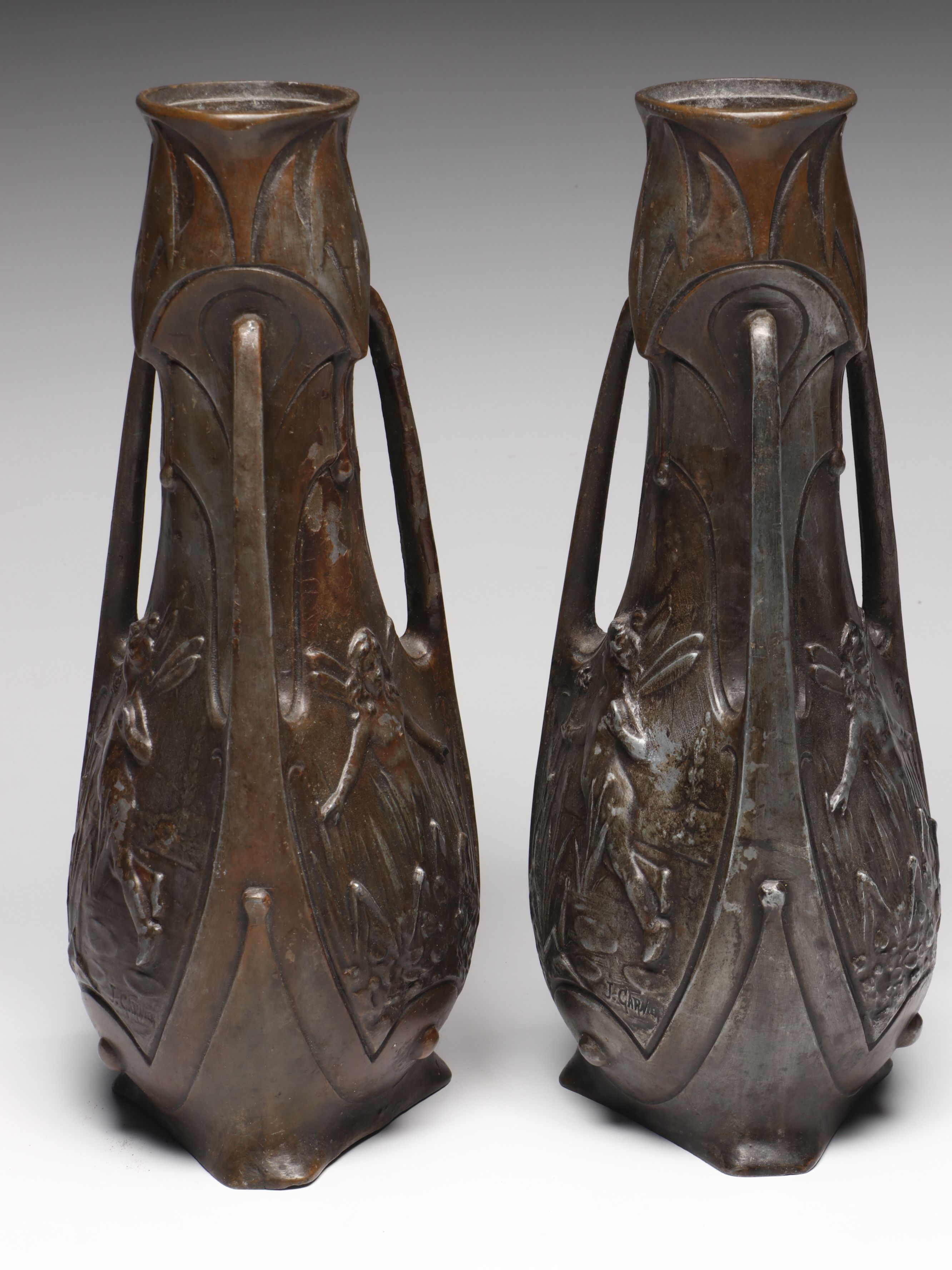 Pair of Jean Garnier French Art Nouveau Bronzed Spelter Fairy Vases