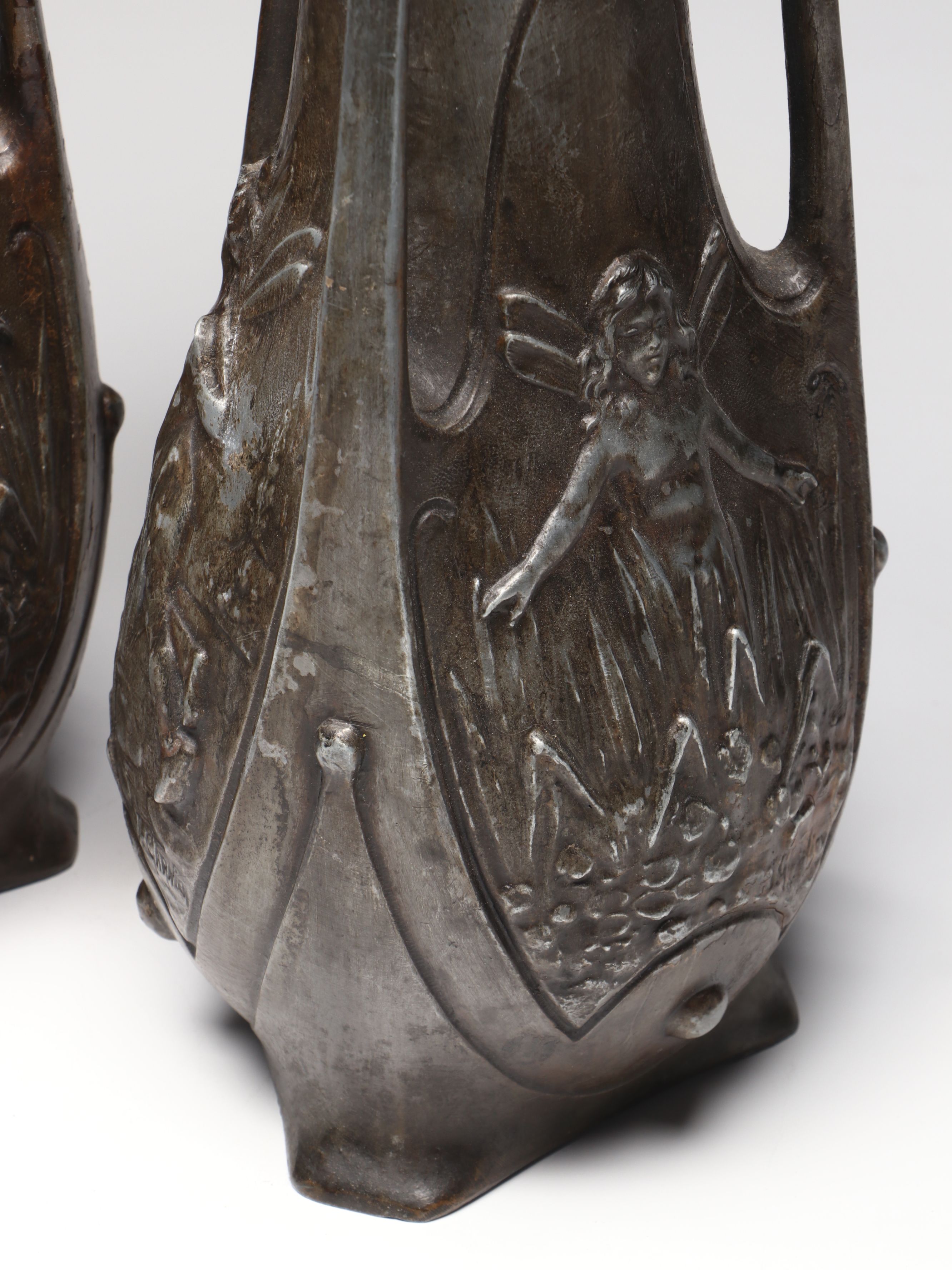 Pair of Jean Garnier French Art Nouveau Bronzed Spelter Fairy Vases