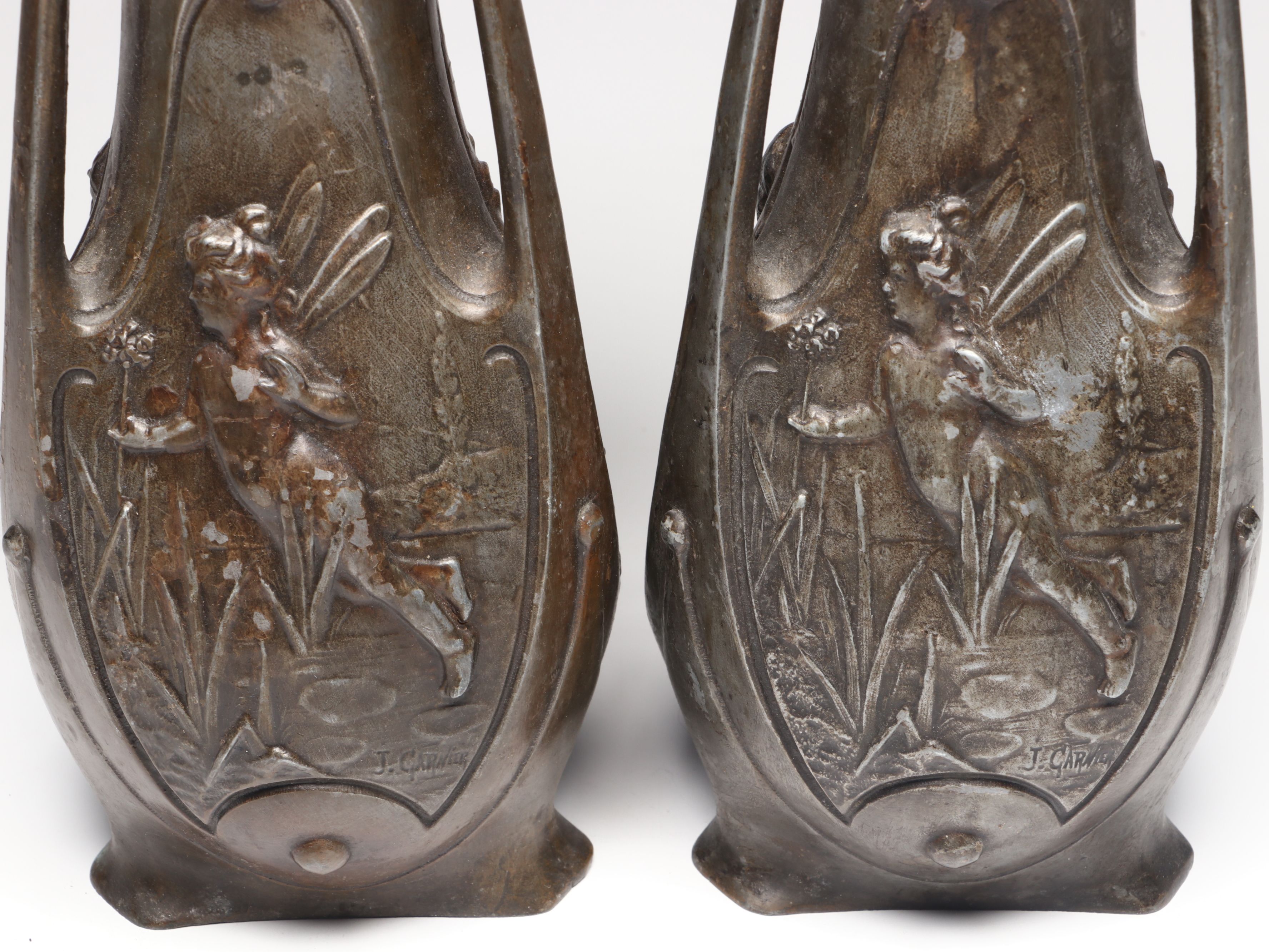 Pair of Jean Garnier French Art Nouveau Bronzed Spelter Fairy Vases