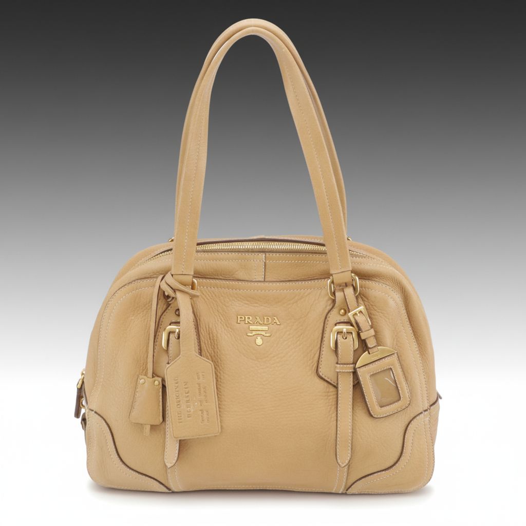 Prada Zip-Around Bowler Satchel Bag in Beige Grained Deerskin Leather