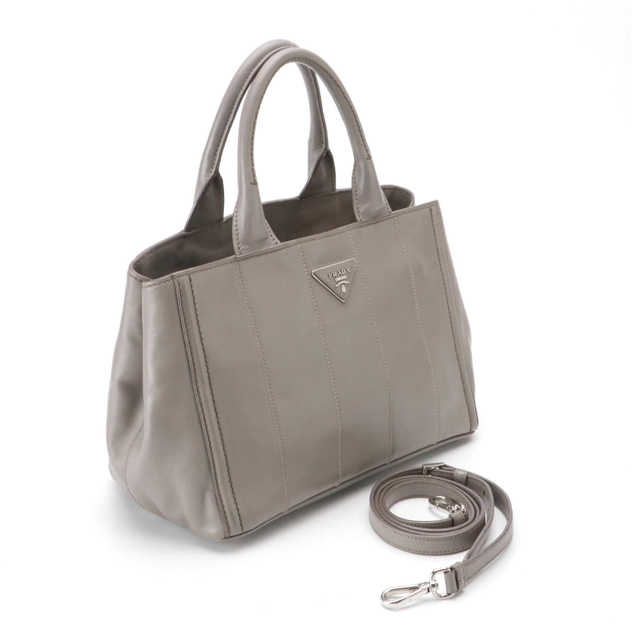 Prada Two-Way Tote Bag in Smooth Grey Calfskin Leather