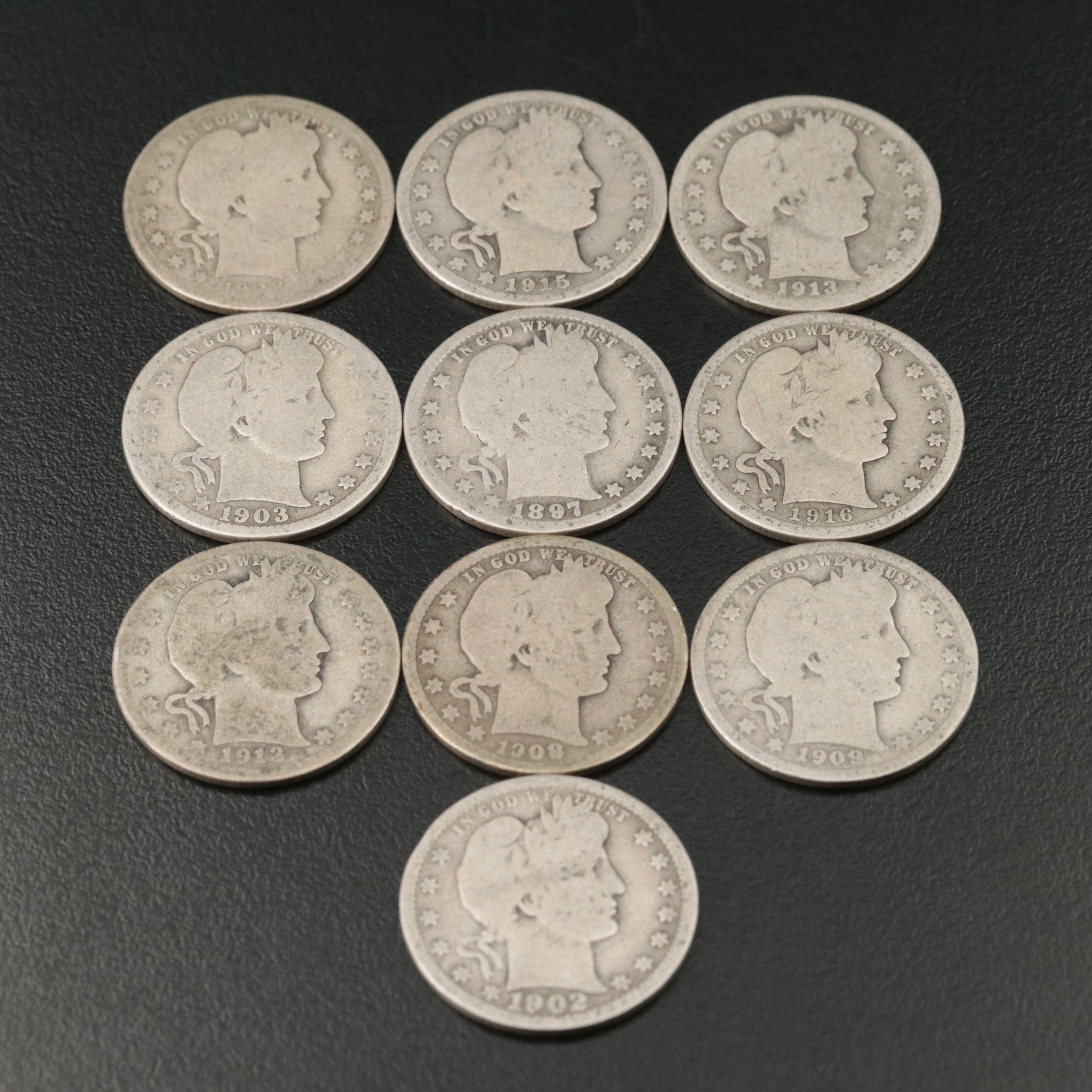 Ten Barber Silver Quarters