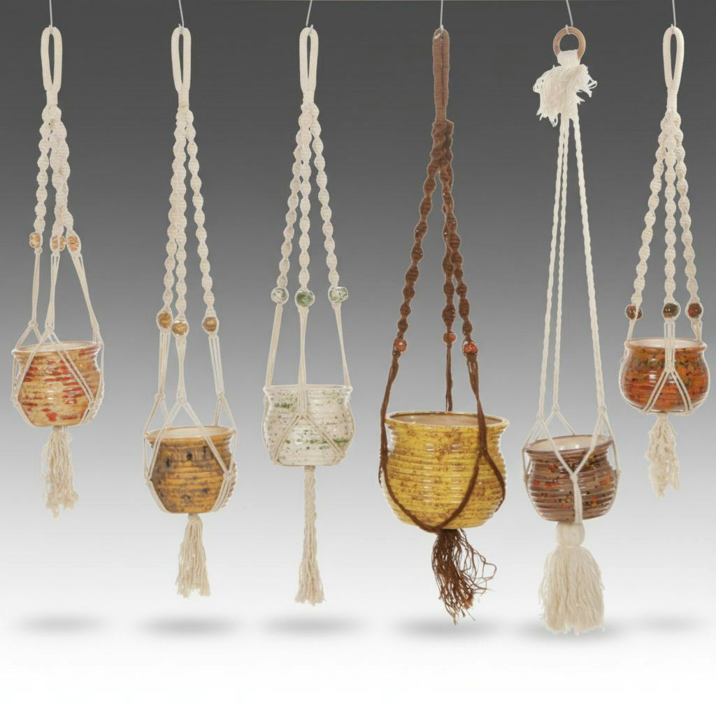 Splatter Ribbed Studio Art Planters with Macrame Hangers