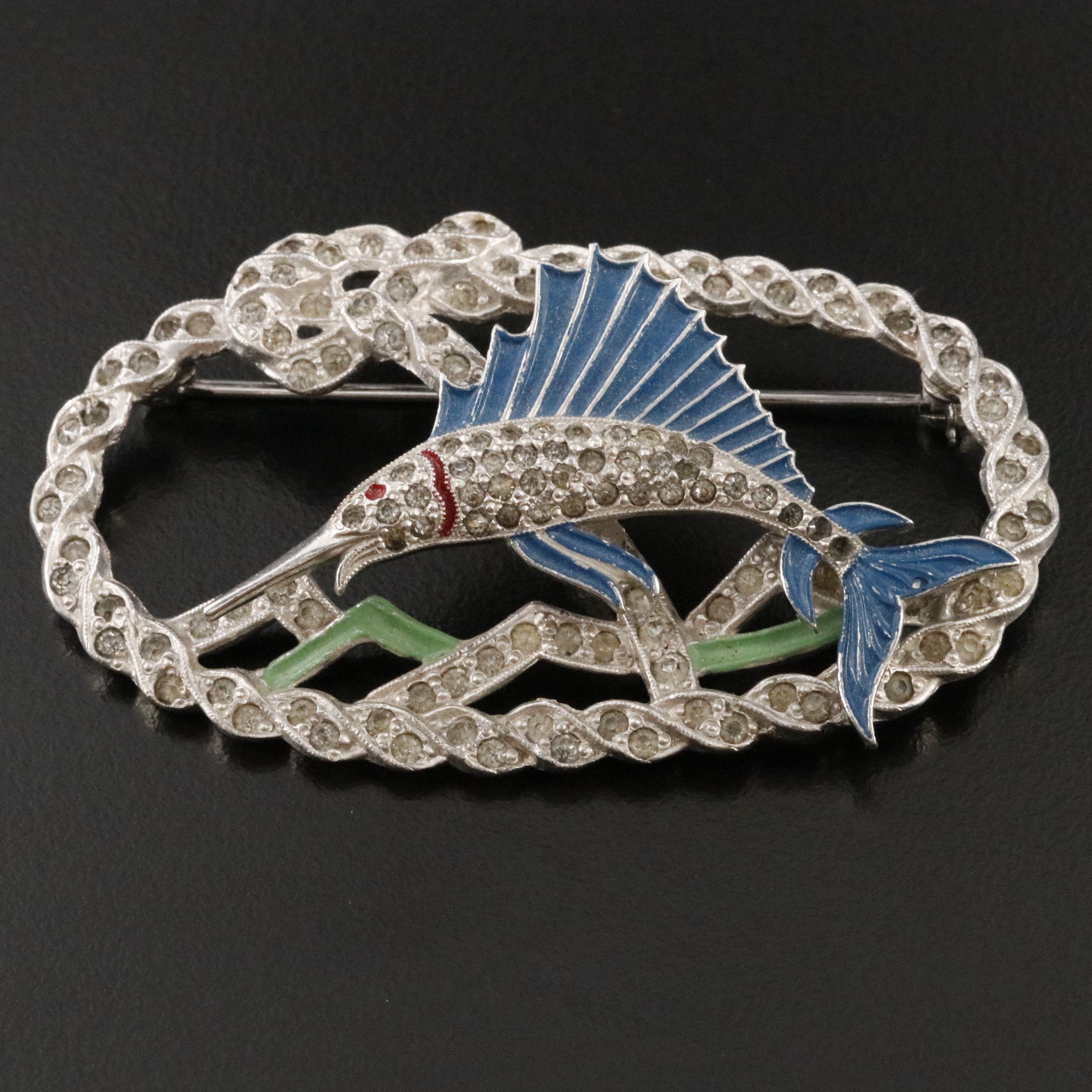 Vintage Swordfish Rhinestone and Enamel Tremblant Brooch