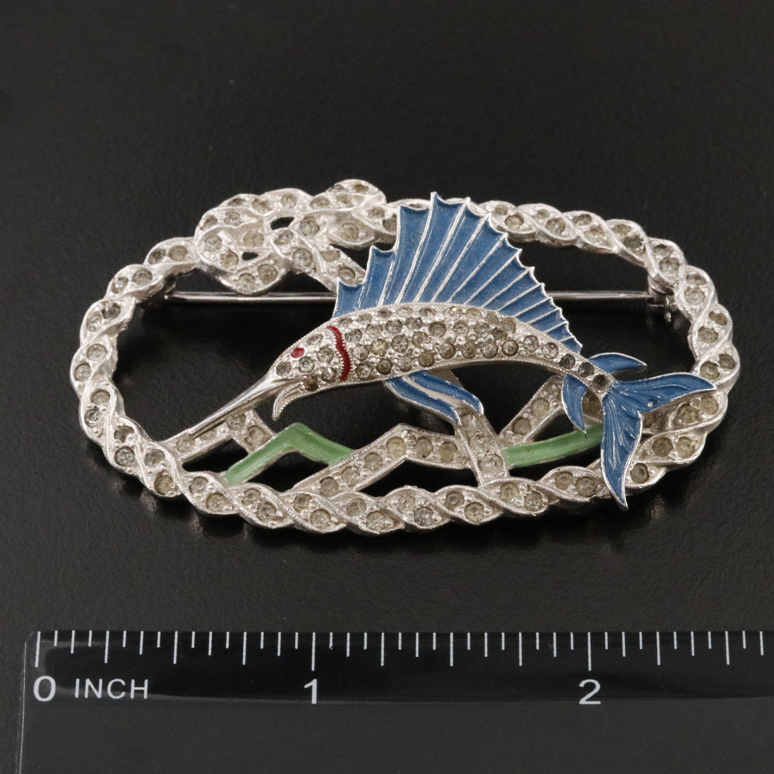 Vintage Swordfish Rhinestone and Enamel Tremblant Brooch