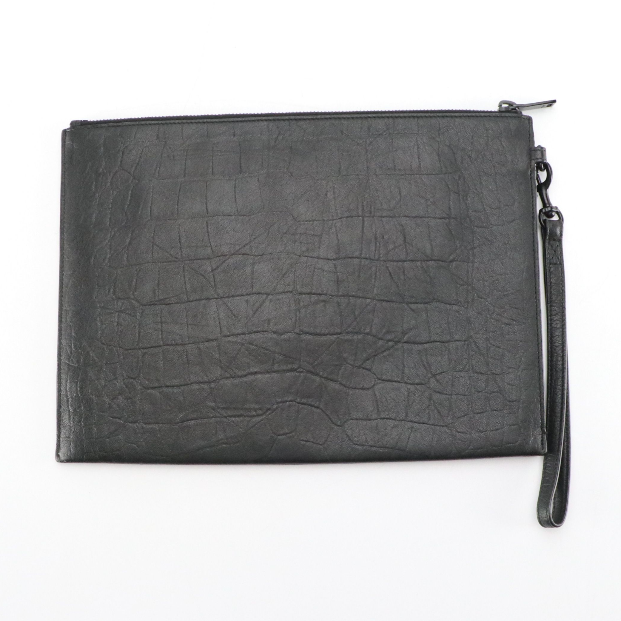 Saint Laurent Classic YSL Monogram Zip Pouch in Black Croc Embossed Leather
